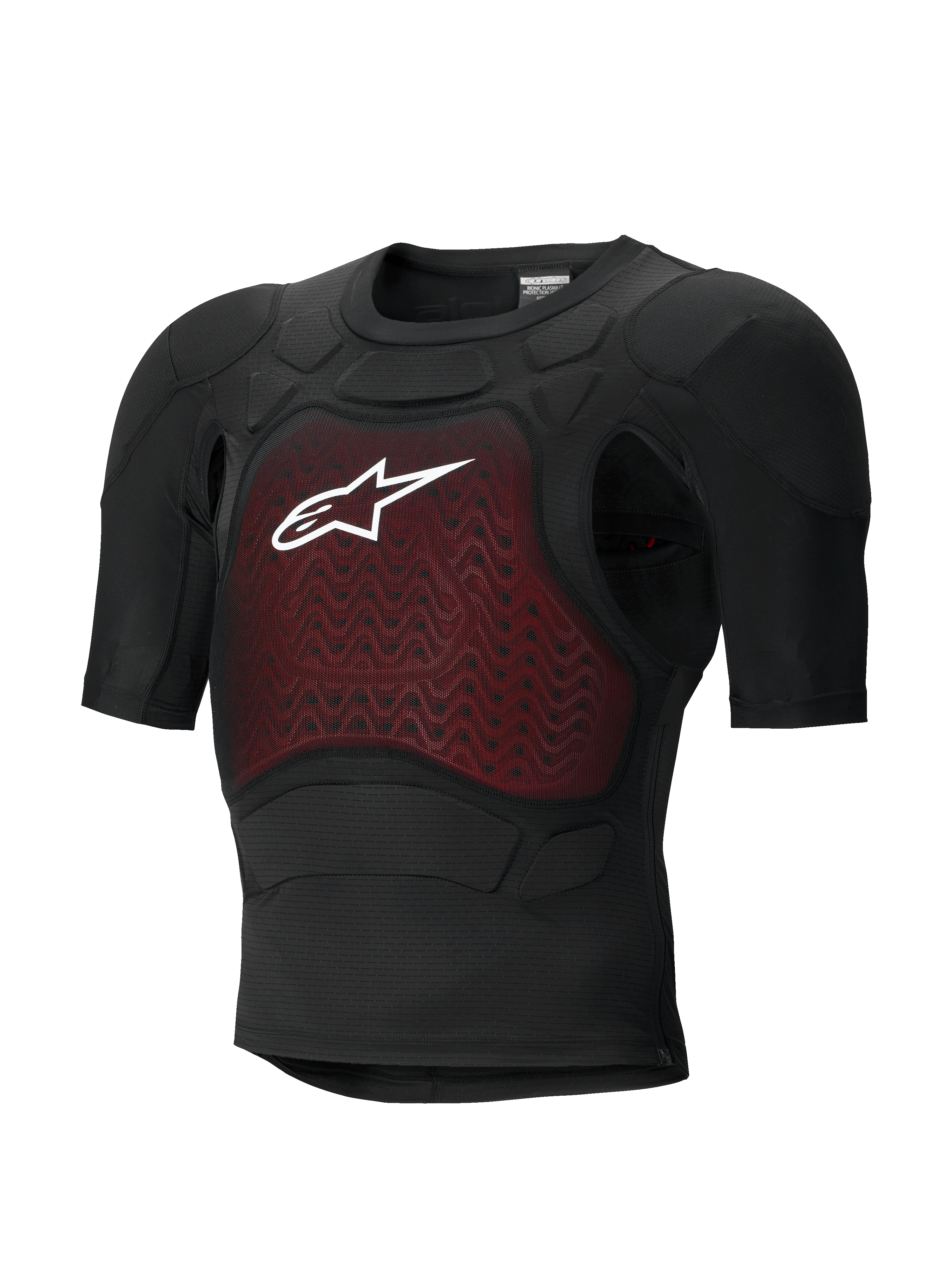 Alpinestars Bionic Plasma LT Protection Jacket - Short Sleeve, Black and Red, motorcycle body armor with CE-certified protective padding, lightweight breathable mesh chassis, featuring a red textured chest panel and white Alpinestars logo