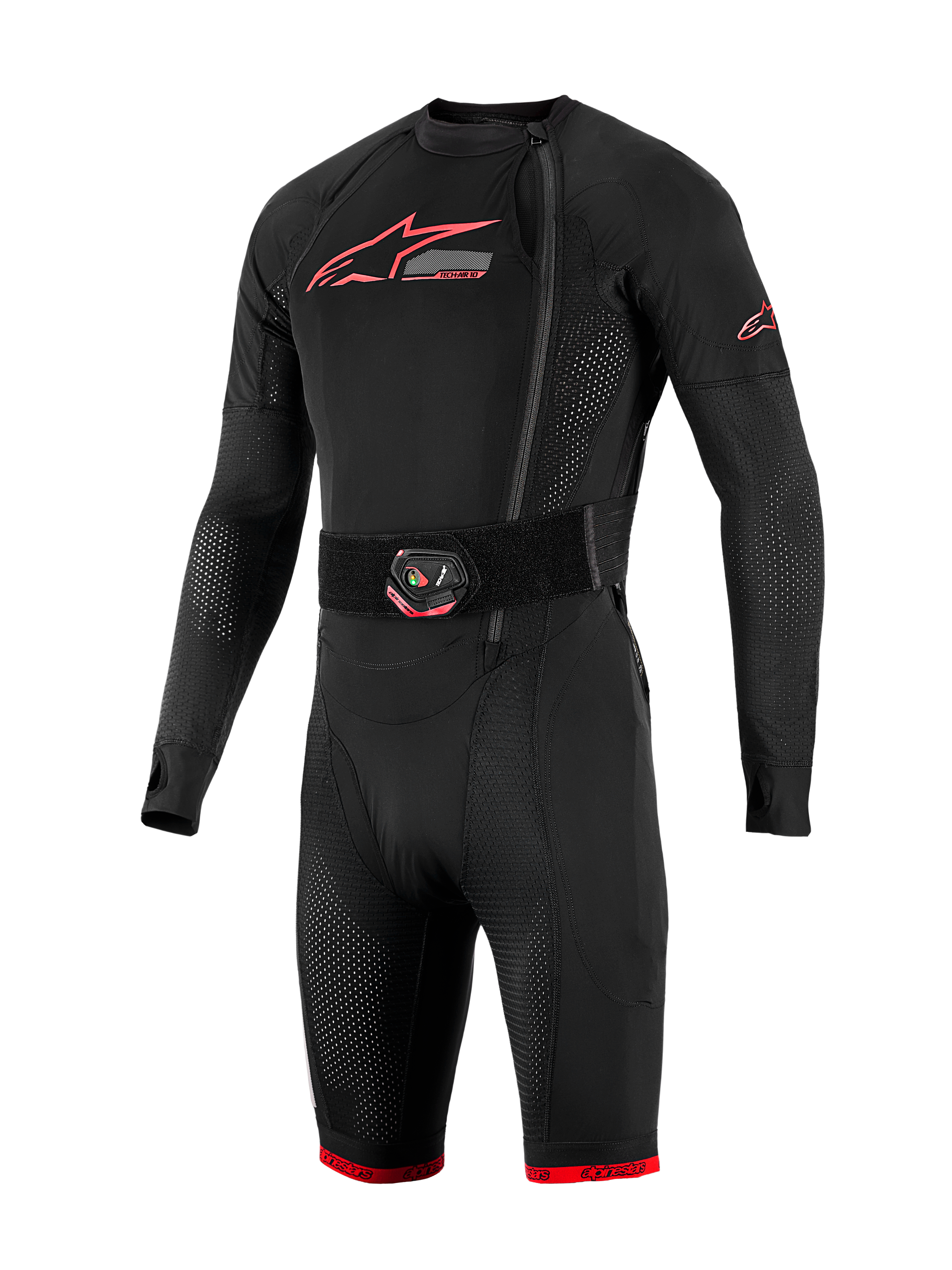 Tech-Air 10 V2 Race Airbag System, black base layer with red logos, LED activation belt, and breathable mesh panels.
