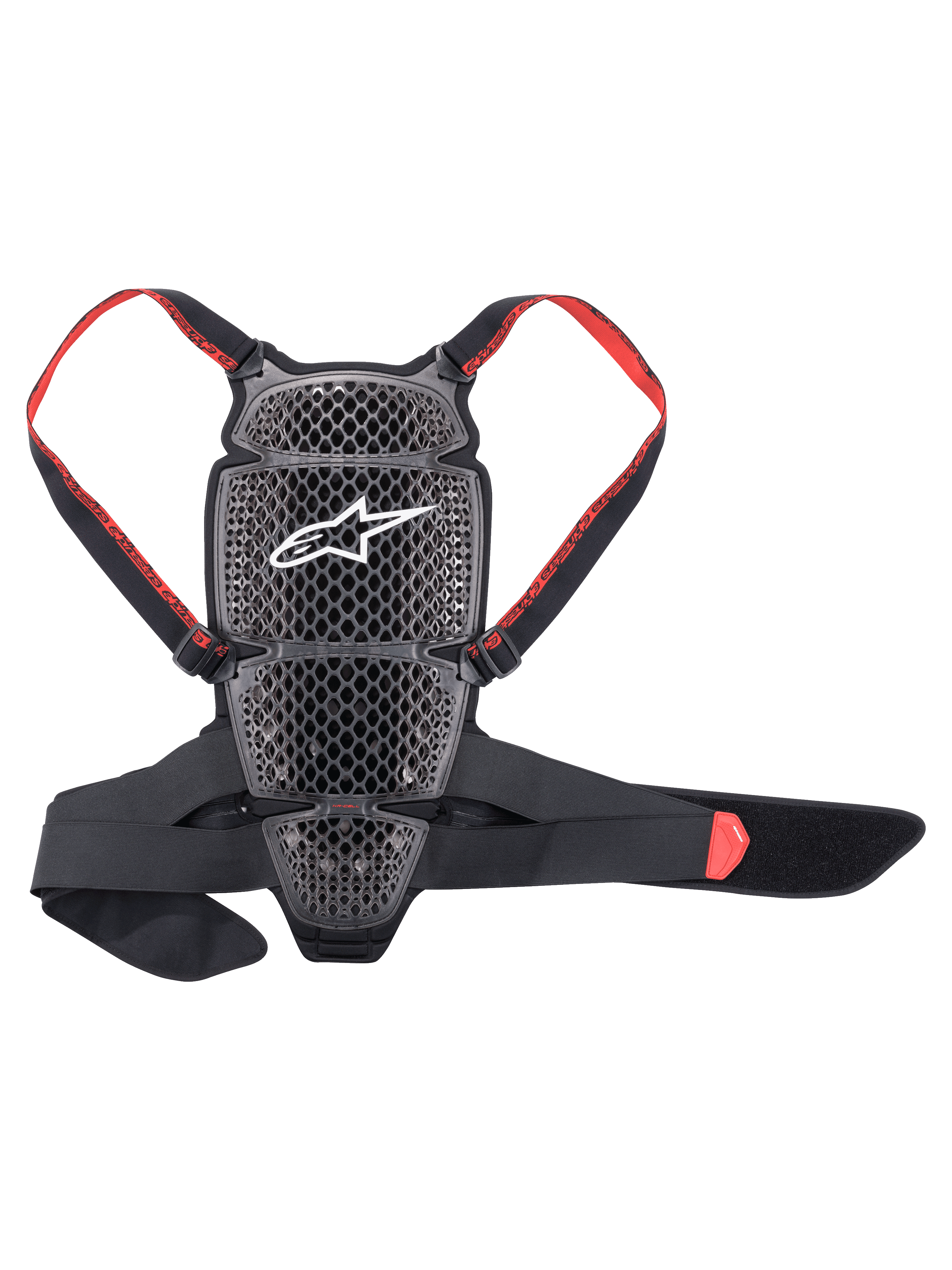 Alpinestars Nucleon KR-Cell Protector, ryggskydd för motorcykel, Smoke Black och röd, med perforerat bikakemönster och vit Alpinestars-logotyp, justerbara röda remmar med logotyp, svart midjebälte, ergonomisk ventilerad design
