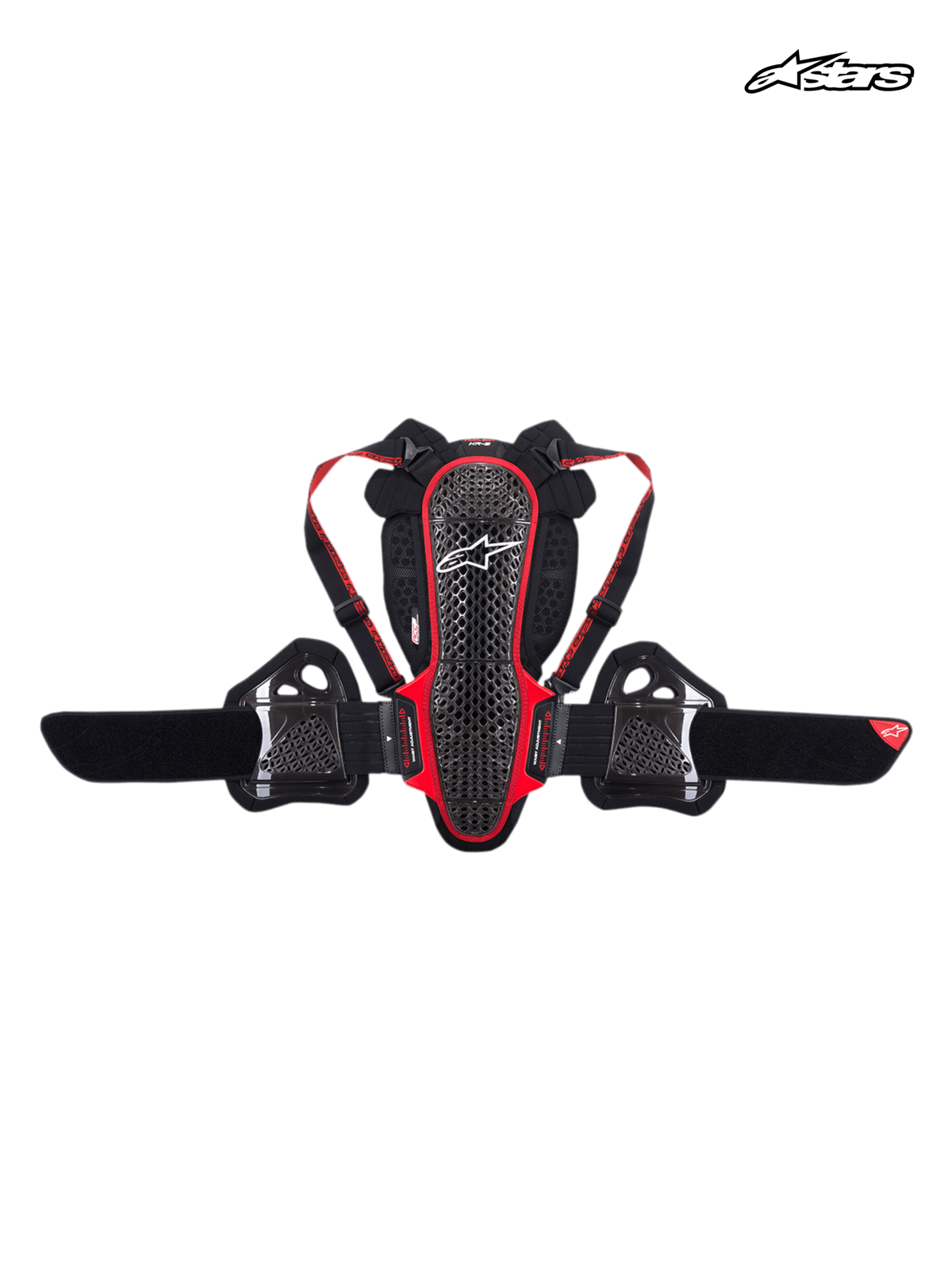 Alpinestars Nucleon KR-3 ryggskydd, CE-certifierat motorcykelryggskydd, rökfärgat svart och rött, gitterformad skalstruktur med justerbara axelremmar och njurbälte
