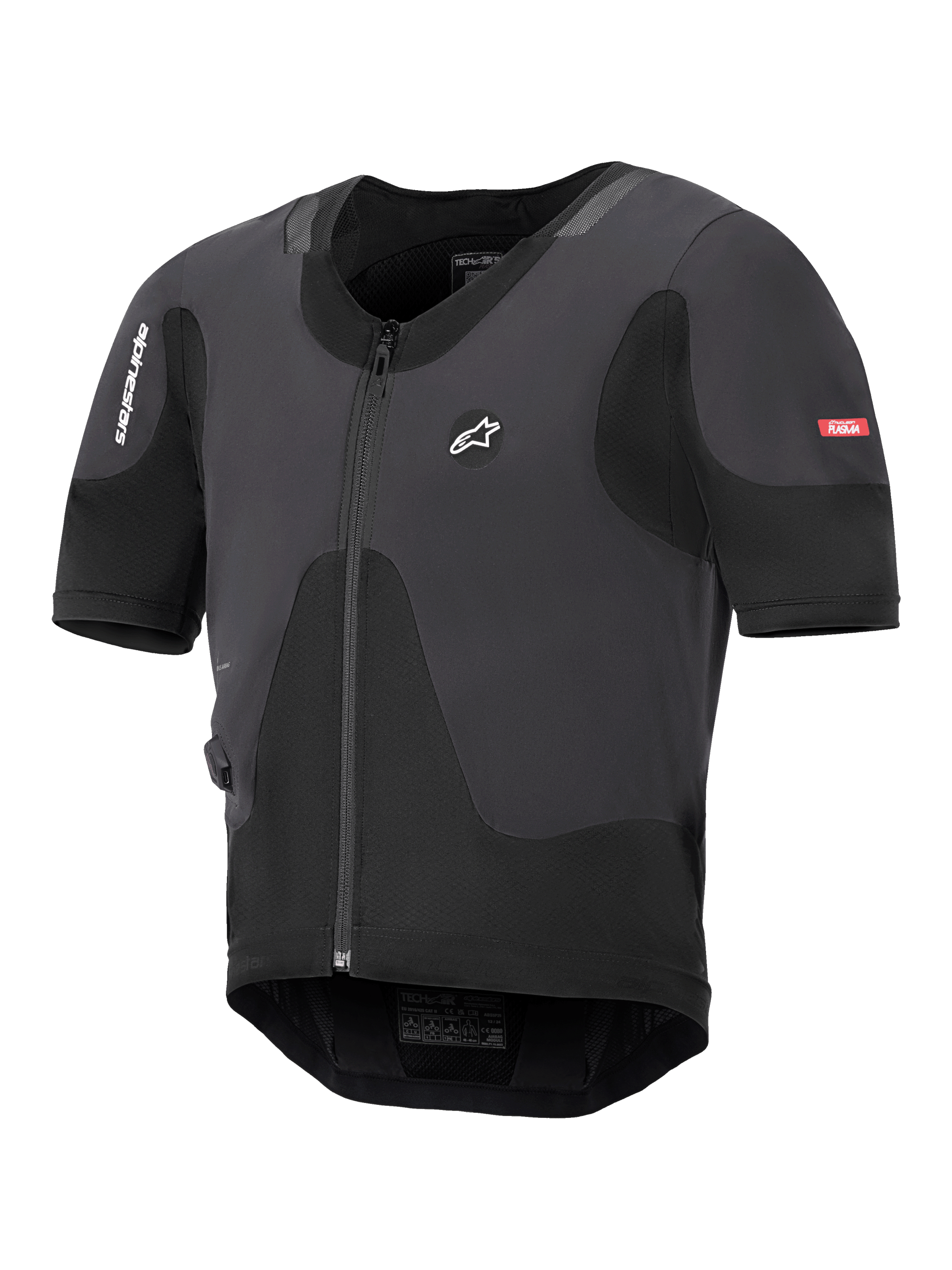Alpinestars Tech-Air 5 Plasma System, svart airbagväst för motorcykel, smal profil med dragkedja fram och korta ärmar, med ventilerande meshpaneler och Alpinestars-logotyp, designad för skydd under jackan