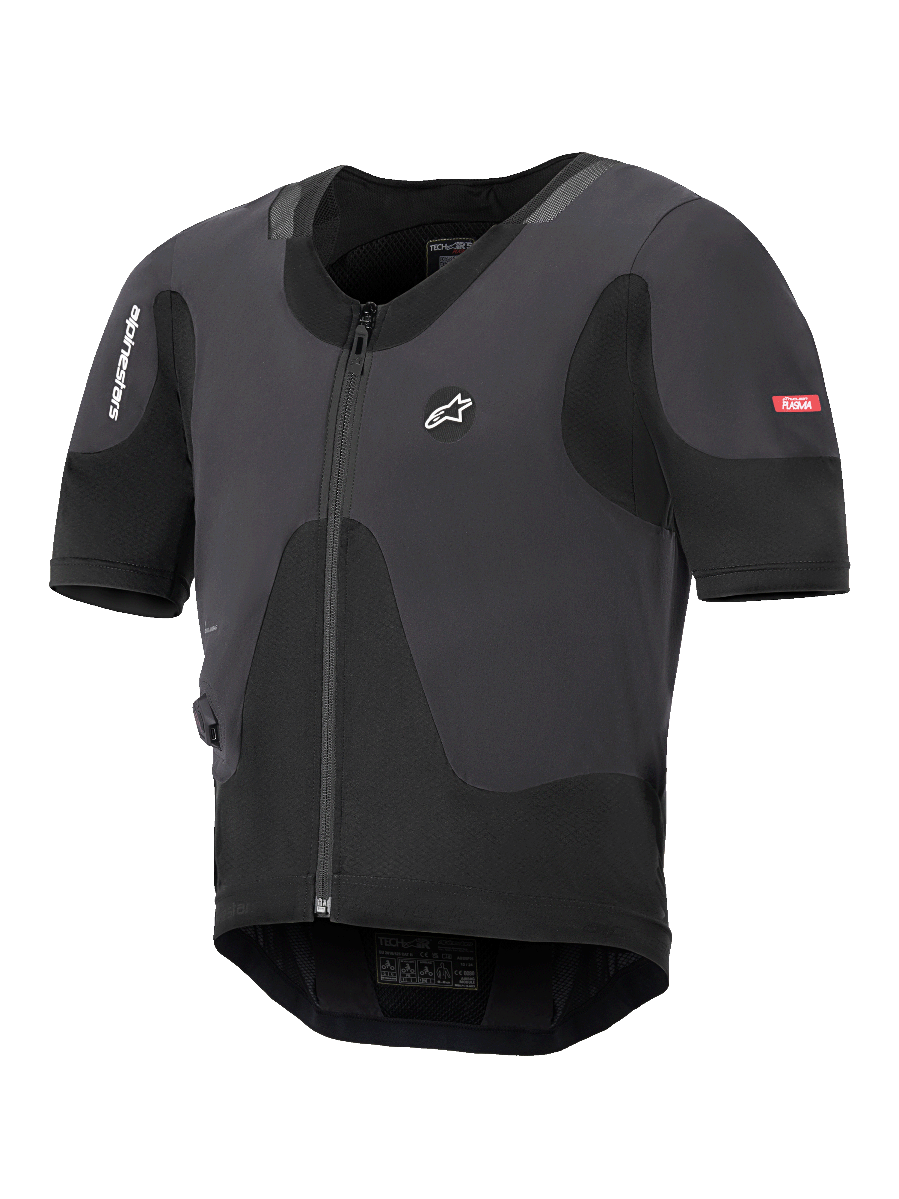 Alpinestars Tech-Air 5 Plasma System, Black Motorcycle Airbag Vest, slim profile with front zipper and short sleeves, featuring breathable mesh panels and Alpinestars branding, designed for under-jacket protection.
