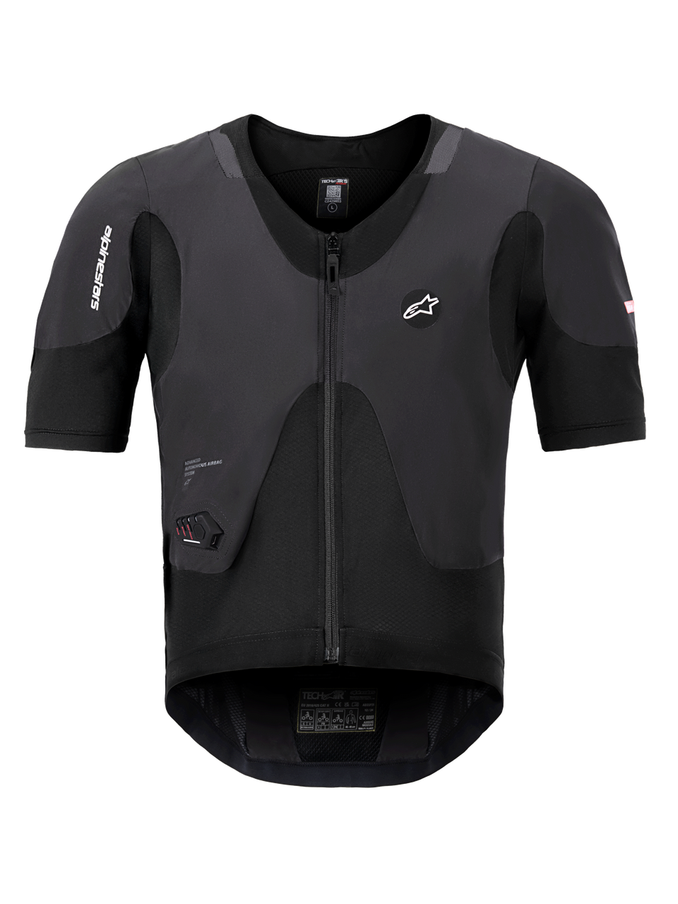 Alpinestars Tech-Air 5 Plasma System, svart airbagväst, vy framifrån med korta ärmar och central dragkedja, vit Alpinestars-logotyp och integrerad LED-statusdisplay, ultratunt skyddande underplagg för motorcykelsäkerhet