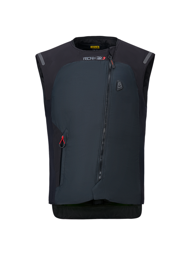Alpinestars Tech-Air® 3 V2 System, airbagväst för motorcykel, svart, vy framifrån som visar diagonal dragkedja, TECH-AIR 3-branding, smal textilkonstruktion, autonomt elektroniskt skydd för vägkörning