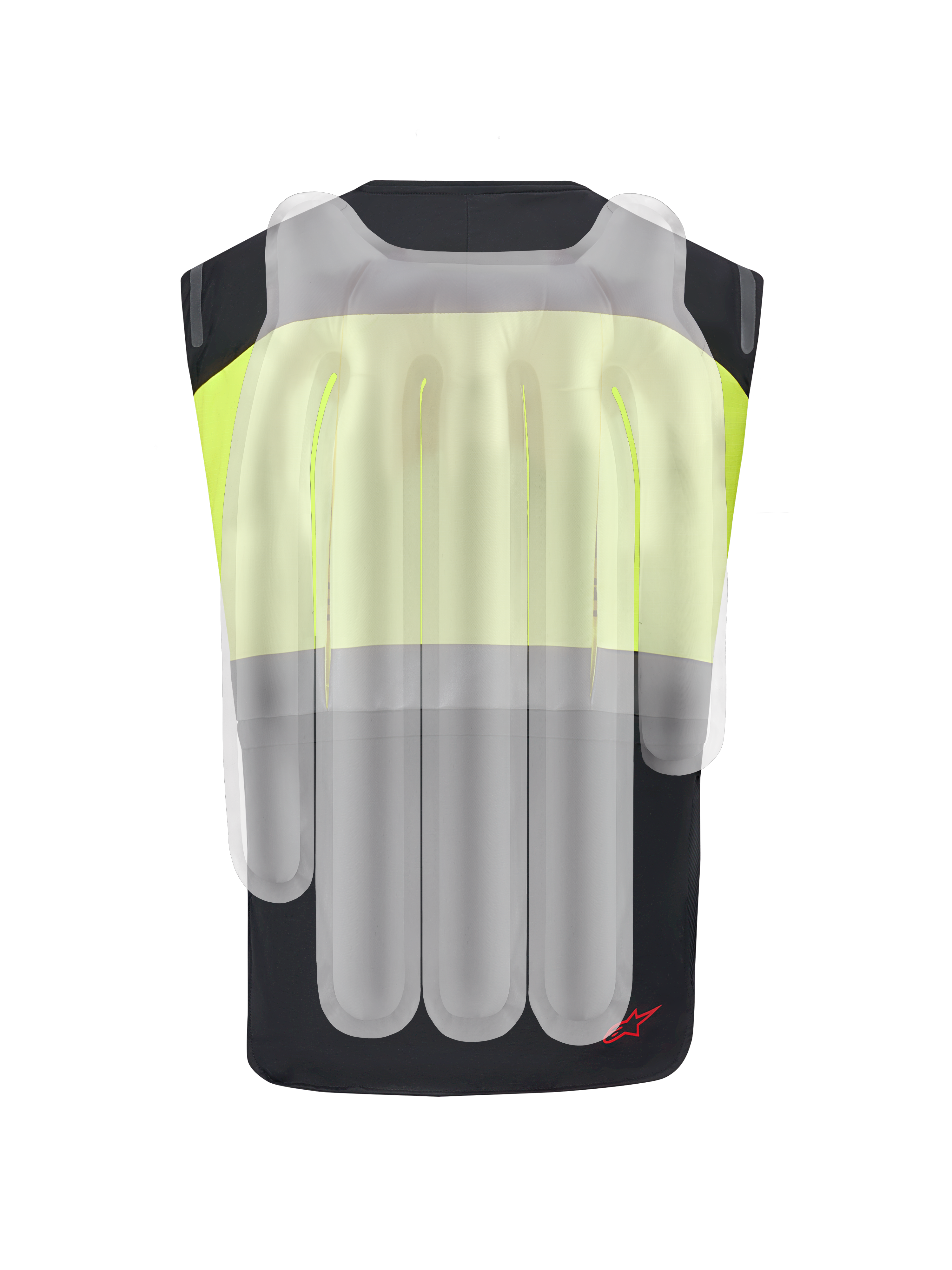 Alpinestars Tech-Air® 3 V2 System, Motorcycle Airbag Vest, Black and Yellow Fluo, back view with a translucent overlay showing the internal airbag chambers for spine and shoulder protection