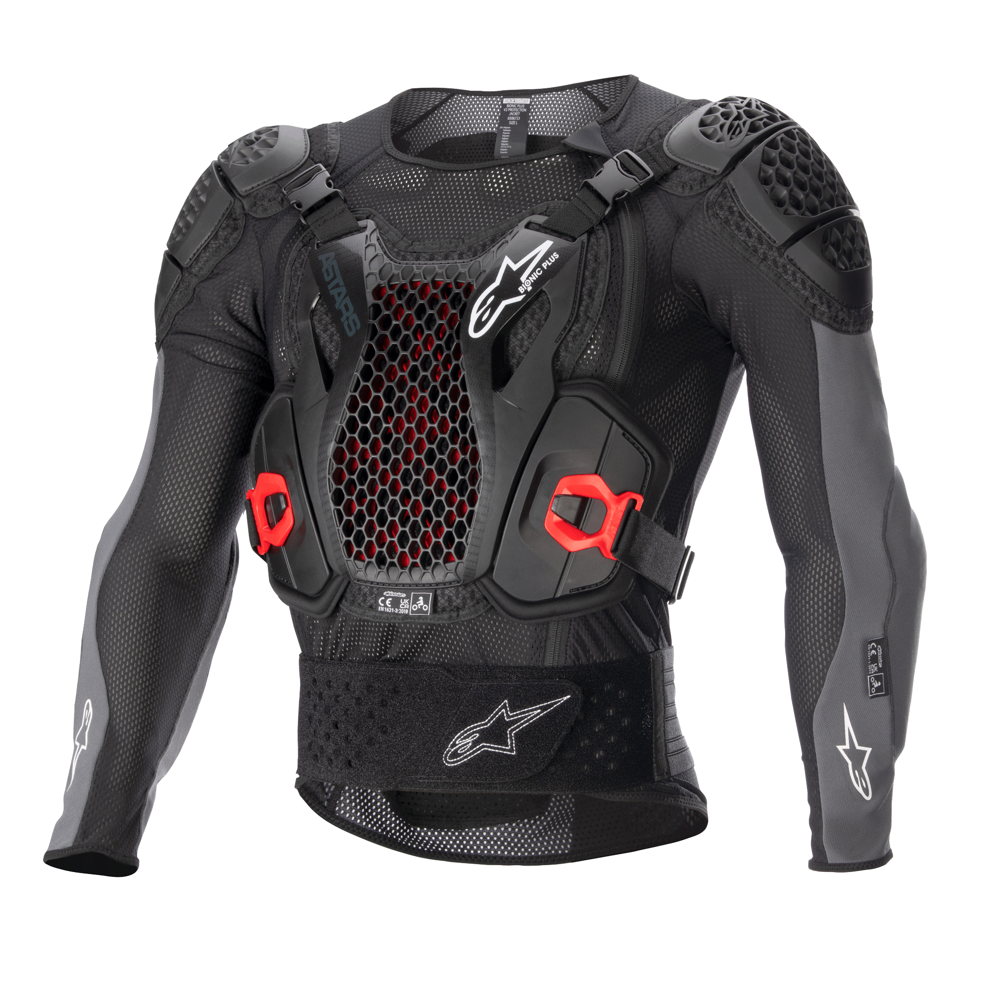 Alpinestars Bionic Plus V2 skyddsjacka, motocross-kroppsskydd, svart och antracitgrå med röda detaljer, bröstskydd i honeycomb-mesh, vadderade axlar och armbågar, andningsbar mesh-design för terrängkörning