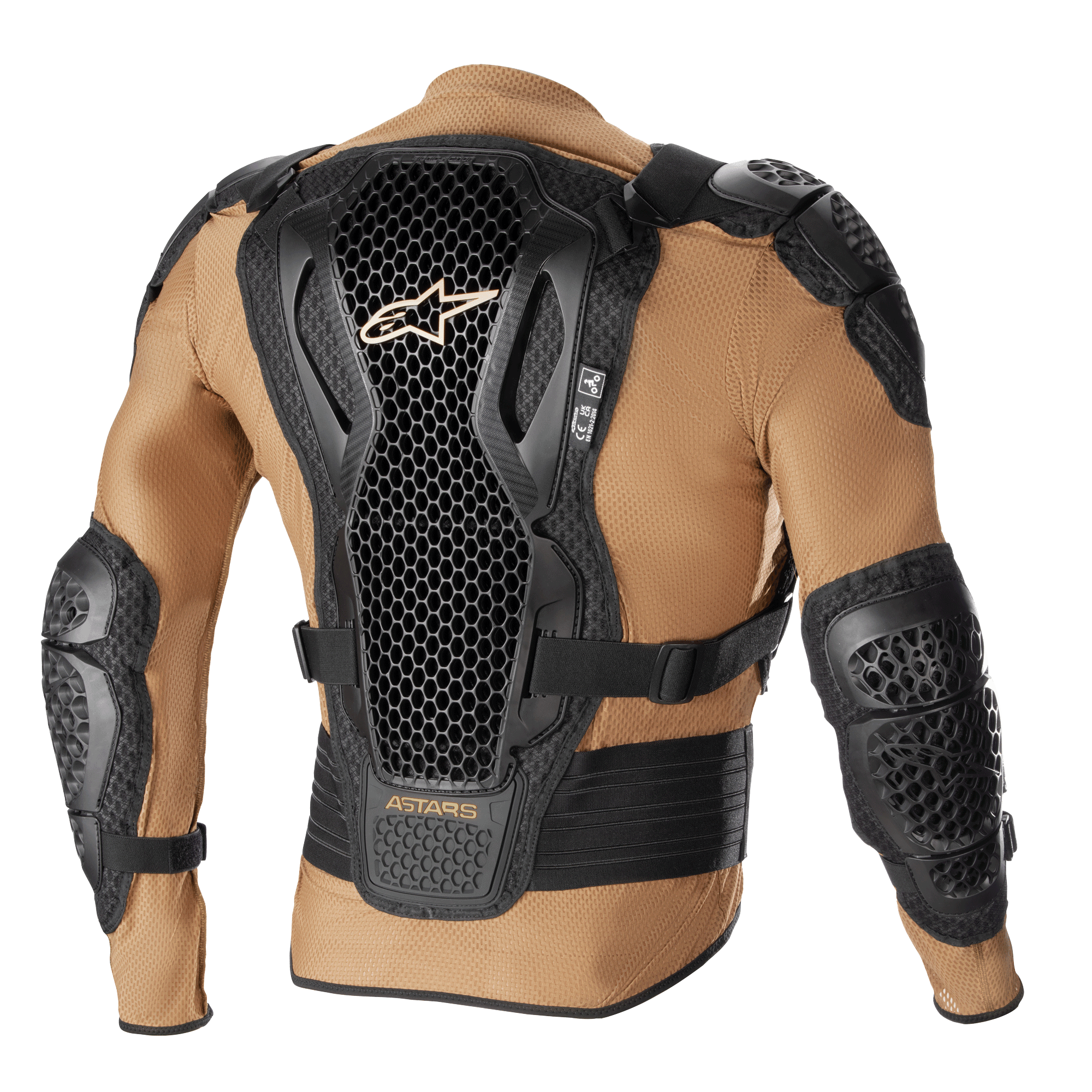Alpinestars Bionic Action V2 Protection Jacket, Sand Black and Tangerine, back view showing the Cell Technology back protector with honeycomb design, integrated shoulder and elbow armor, and breathable tan mesh construction.