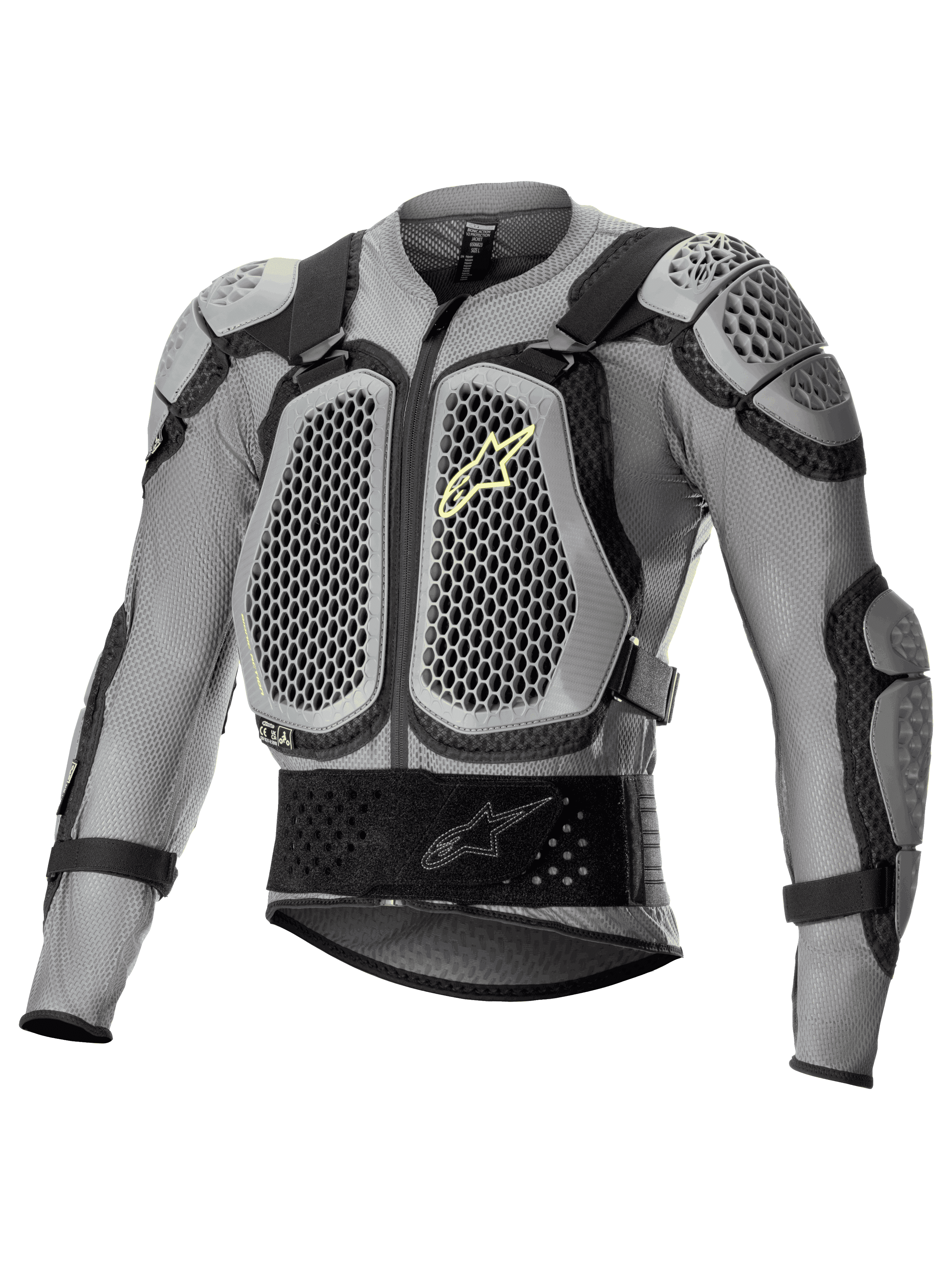 Alpinestars Bionic Action V2 skyddsjacka, kroppsskydd för off-road motorcykel, grå och svart med neongula detaljer, med bikakemönstrad Cell Technology för bröst- och axelskydd, ventilerande mesh-konstruktion, justerbara remmar och säkert midjebälte för motocross- och endurokörning