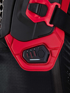 Alpinestars Tech-Air® Off-Road System, motorcycle off-road airbag detail close-up showing the control unit display with RALLY, ENDURO, and STREET riding modes, Black and Red, textile construction