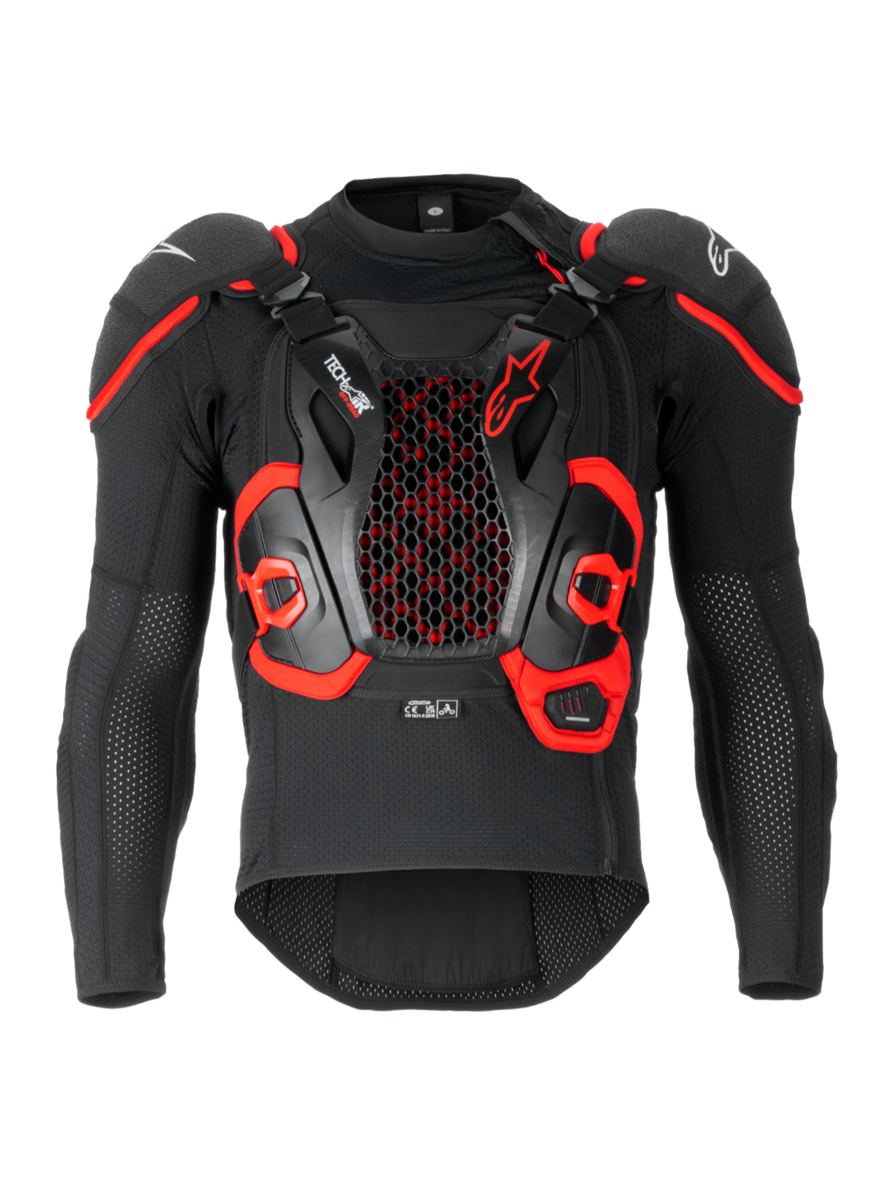 Alpinestars Tech-Air® Off-Road Airbagsystem, FIM-homologerat off-road-motorcykelairbagsystem med CE-nivå 1-skydd, svart och rött, textilkonstruktion med integrerat Nucleon CELL-bröst- och ryggskydd