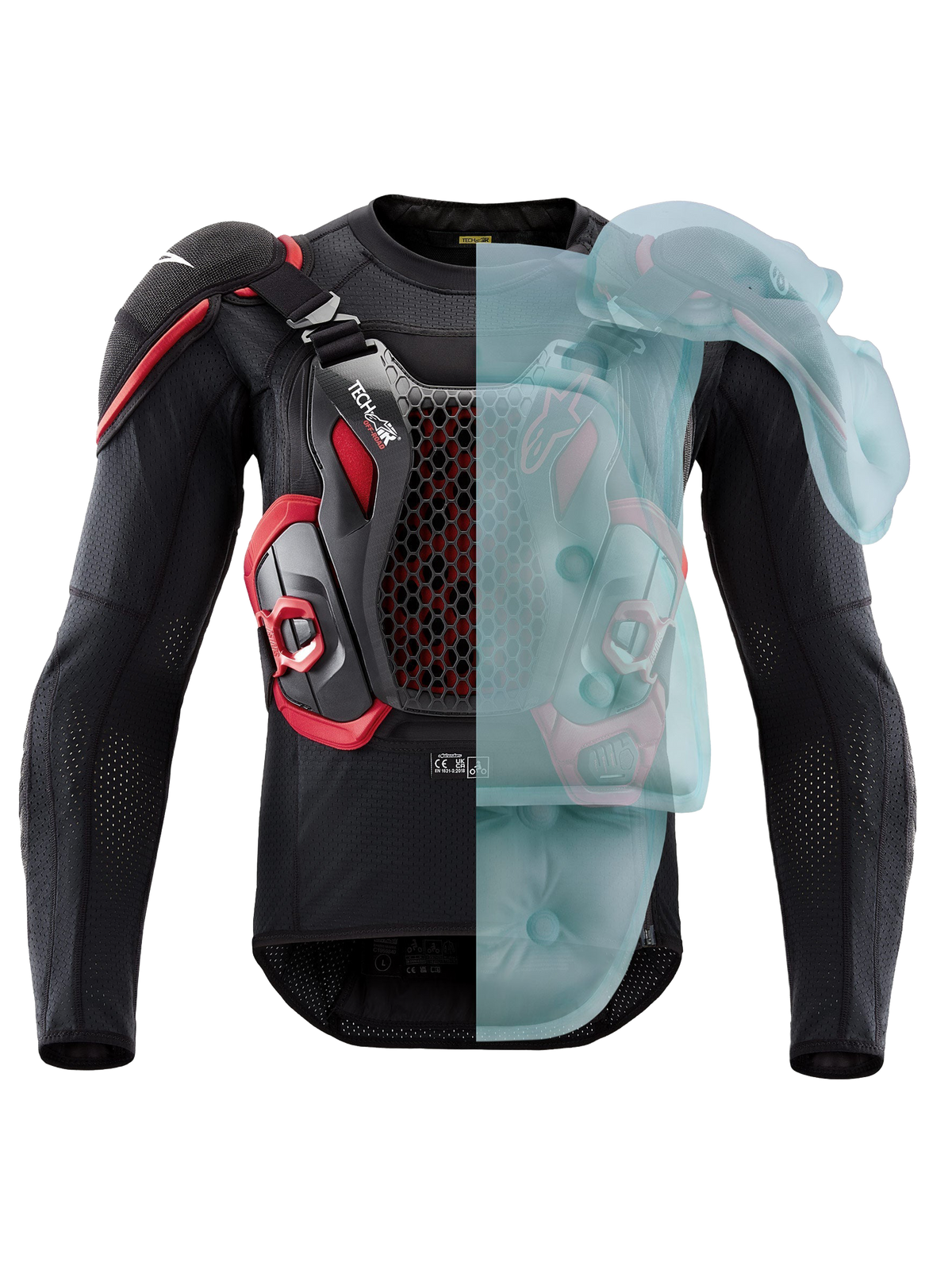Alpinestars Tech-Air® Off-Road Airbagsystem, FIM-homologerad enduro- och rallyjacka med skydd, svart och röd, med aktiv airbagskyddstäckning på ena sidan