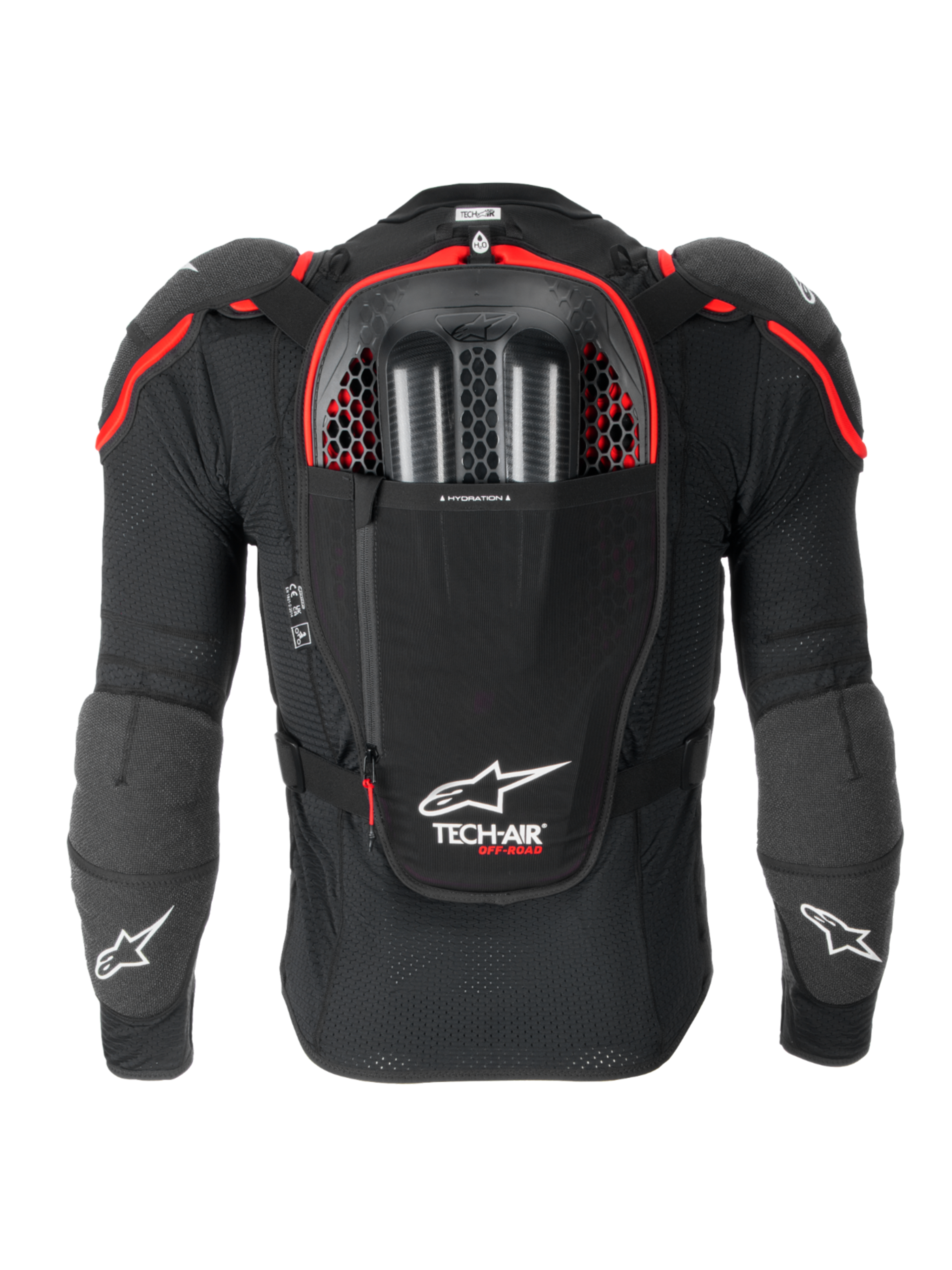 Alpinestars Tech-Air® Off-Road System, off-road motorcycle airbag system, back view in Black and Red, featuring an integrated Nucleon CELL back protector, hydration bladder compartment, and CE Level 1 protection