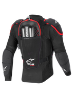 Alpinestars Tech-Air Off-Road System, off-road motorcycle airbag protection jacket, back view, black and red, featuring integrated Nucleon CELL back protector and dual-charge inflator compartment