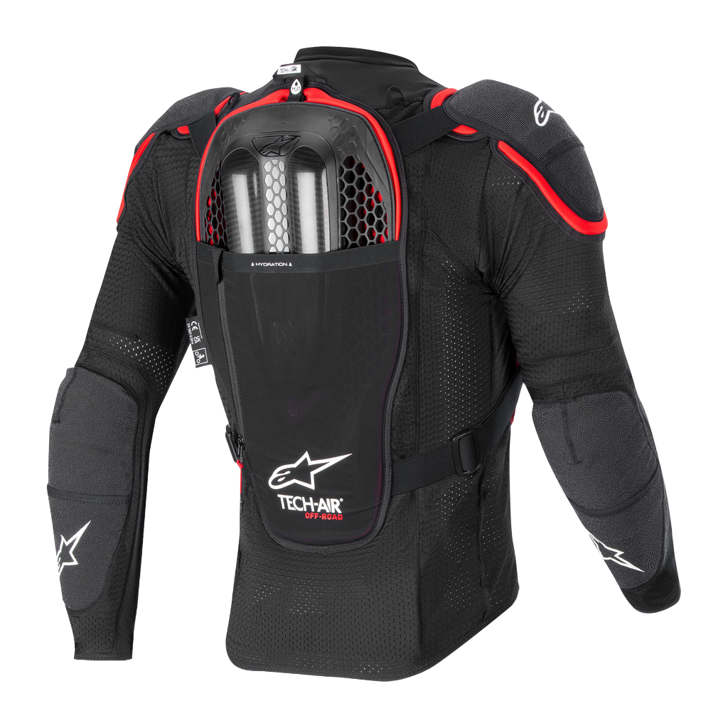 Tech-Air Off-Road System, rear view, black and red mesh protective jacket with back protector and dual gas inflators.