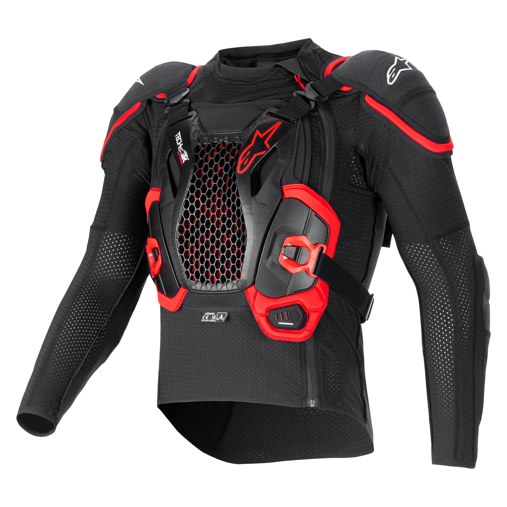 Tech-Air® Off-Road System, black and red motorcycle airbag jacket with honeycomb chest protector and breathable mesh.