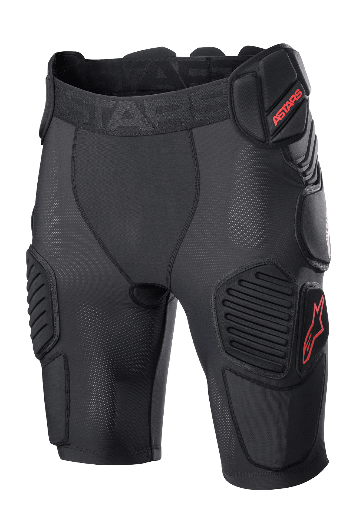 Alpinestars Bionic Pro Protection Shorts, Motocross Protective Shorts, Black and Red, featuring padded hip and thigh protection, breathable mesh sleeve, elastic waistband with red ASTARS logo, technical design for off-road impact protection