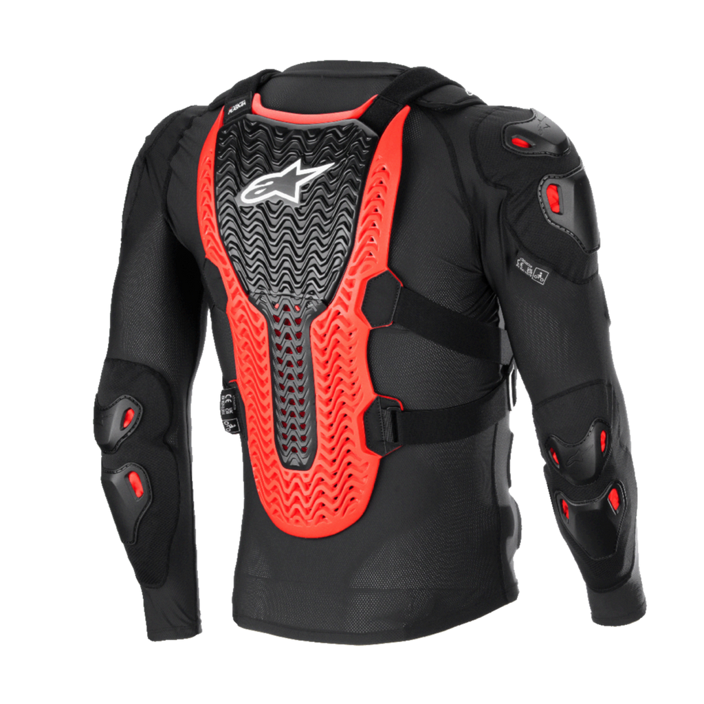 Alpinestars Bionic XTR Plasma Protection Jacket, Black Red and White, rear view showing the large ribbed Nucleon PLASMA back protector, shoulder and elbow padding, black mesh construction for off-road motocross protection