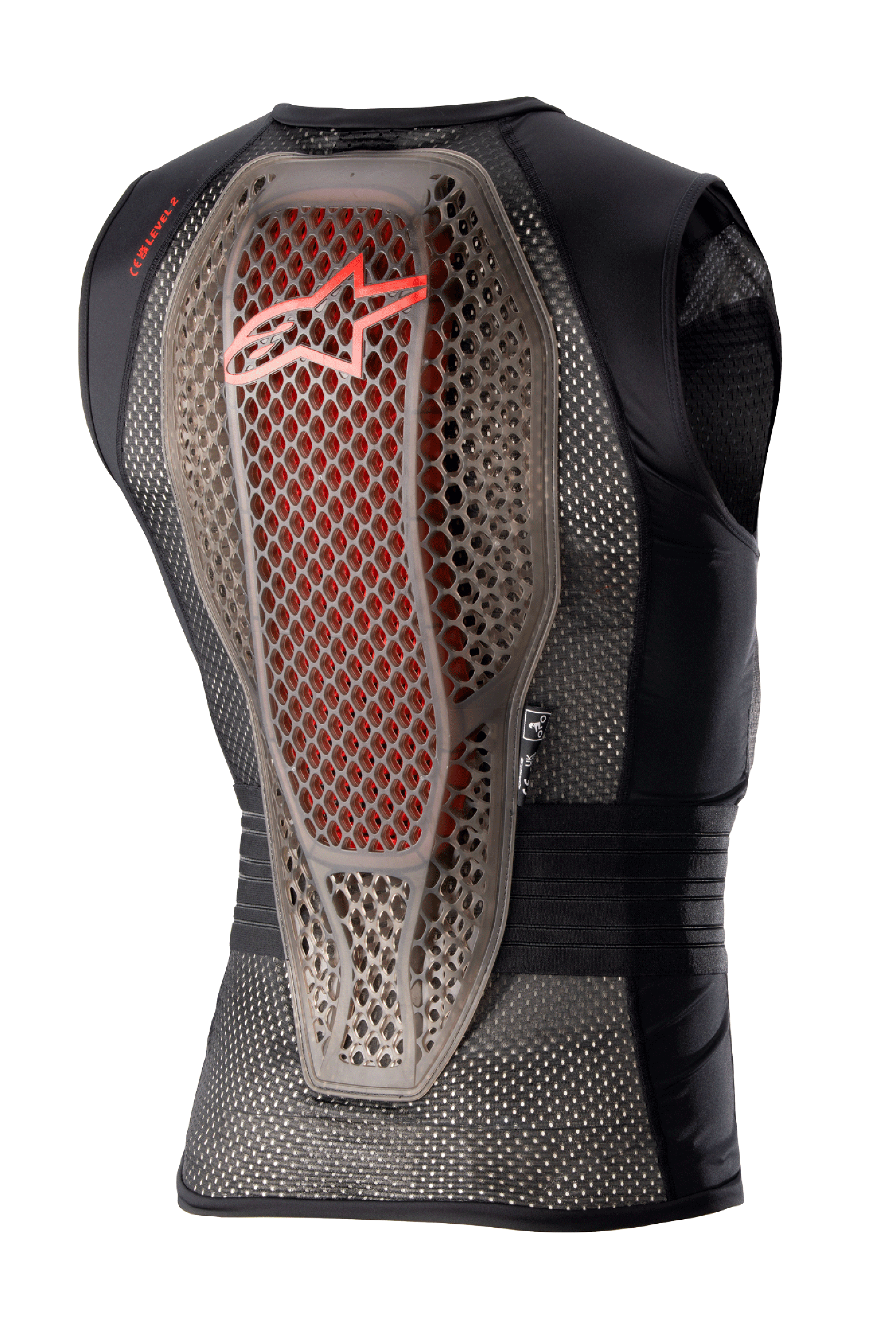 Alpinestars Nucleon Flex Pro skyddsväst, kroppsskydd för motorcykel, Transparent Smoke, röd och svart, vy bakifrån som visar ryggskyddets hybrid Cell-struktur med röda accenter, ventilerat chassi i svart mesh och ergonomisk säkerhetsdesign