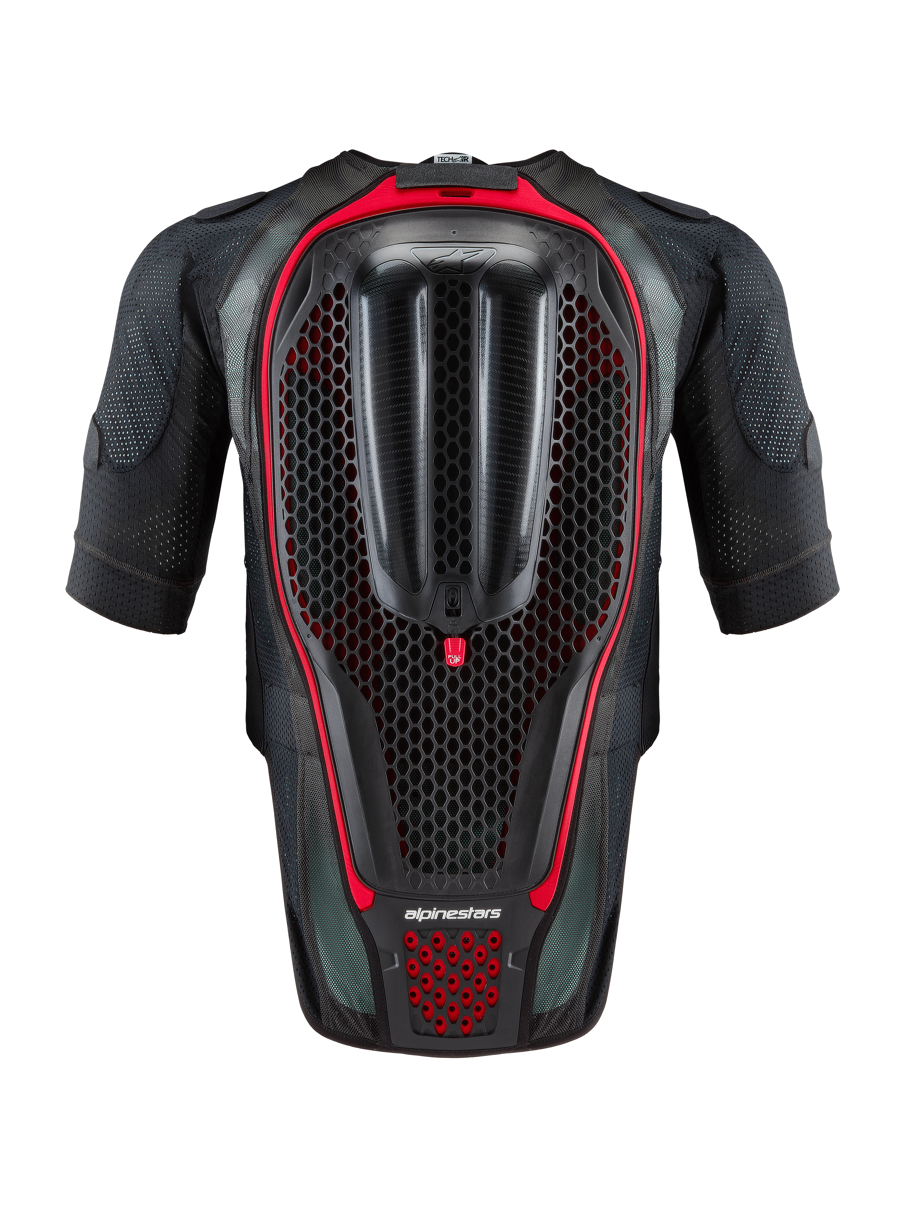 Alpinestars Tech-Air® 7X System, fristående airbagväst för motorcykel, svart och röd, vy bakifrån som visar det integrerade bikakeformade ryggskyddet och ventilerad mesh-konstruktion för ban- och vägkörning