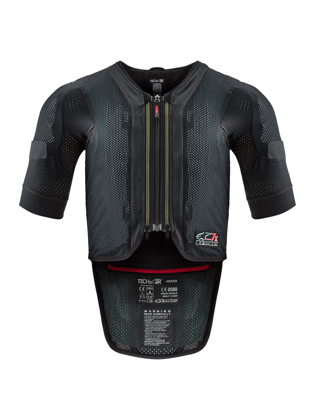 Alpinestars Tech-Air® 7X-system, airbagväst för motorcykel, svart och röd, vy framifrån med ventilerat nätchassi, centrerad dragkedja med röd dragtapp och invändiga certifieringsetiketter, högpresterande skydd för ban- och vägkörning