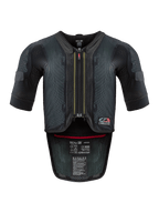 Alpinestars Tech-Air® 7X-system, airbagväst för motorcykel, svart och röd, vy framifrån med ventilerat nätchassi, centrerad dragkedja med röd dragtapp och invändiga certifieringsetiketter, högpresterande skydd för ban- och vägkörning