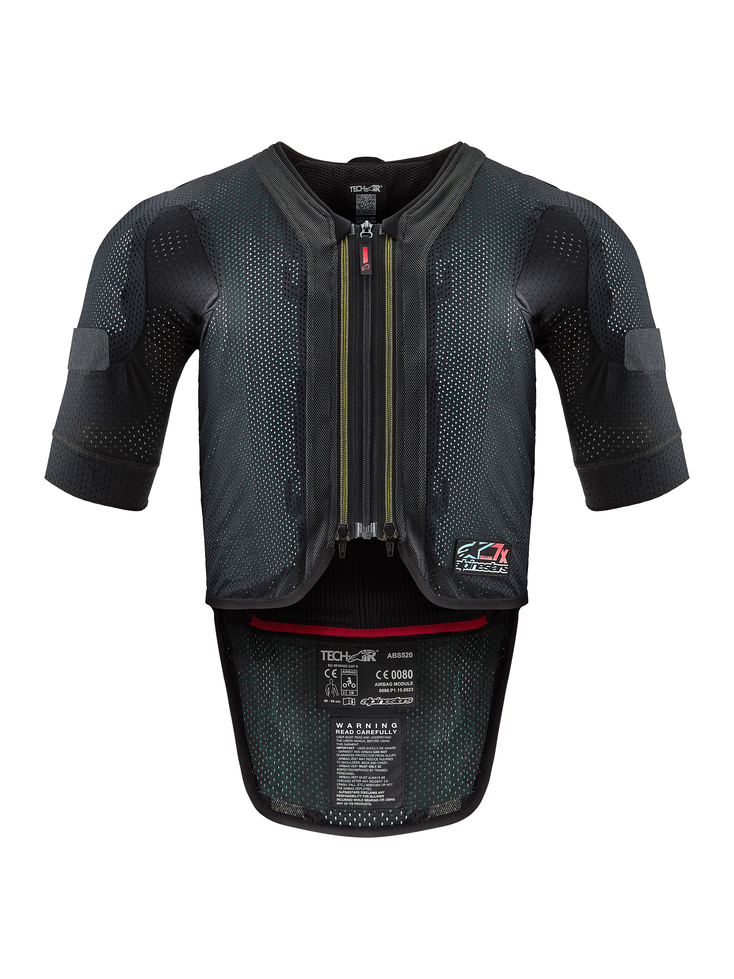 Alpinestars Tech-Air® 7X-system, airbagväst för motorcykel, svart och röd, vy framifrån med ventilerat nätchassi, centrerad dragkedja med röd dragtapp och invändiga certifieringsetiketter, högpresterande skydd för ban- och vägkörning