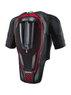 Alpinestars Tech-Air® 7X-system, airbagväst för motorcykel, vy bakifrån som visar det integrerade ryggskyddet med bikakestruktur, svart meshtyg med röda detaljer, ergonomisk säkerhetsutrustning för roadracing och bandagar