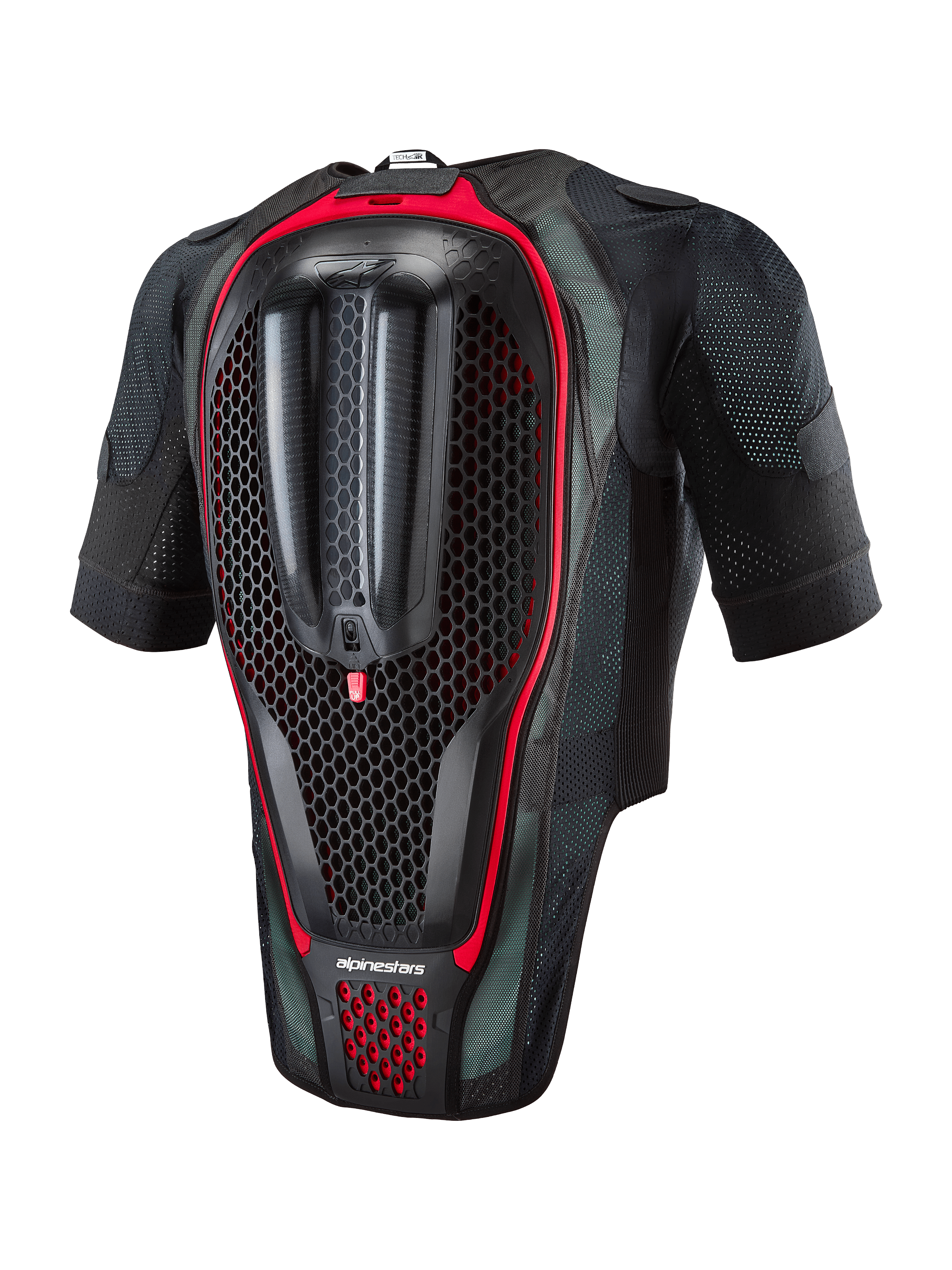 Alpinestars Tech-Air® 7X-system, airbagväst för motorcykel, vy bakifrån som visar det integrerade ryggskyddet med bikakestruktur, svart meshtyg med röda detaljer, ergonomisk säkerhetsutrustning för roadracing och bandagar