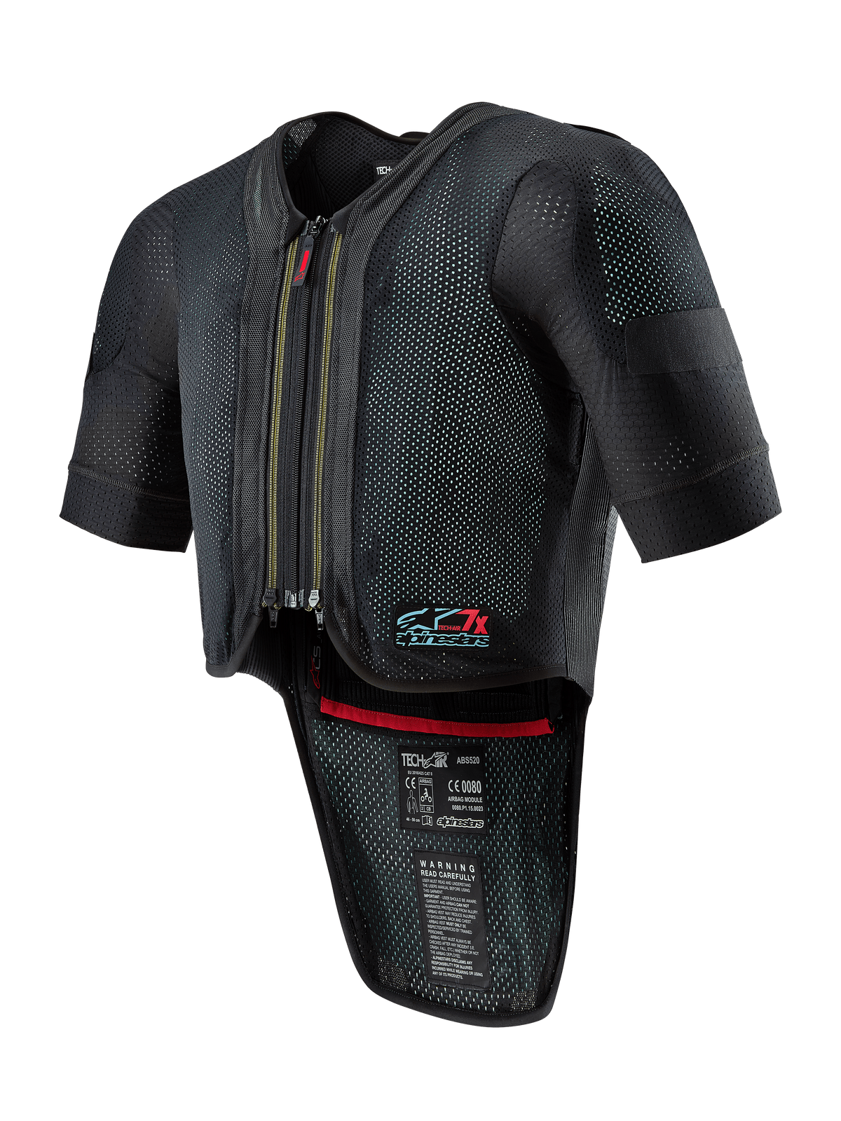 Alpinestars Tech-Air 7X System, motorcykelskyddsväst med airbag, svart, med dragkedja fram, ventilerat nätmaterial med prickig textur, korta ärmar, förlängt ryggskydd, röd invändig detalj och Tech-Air 7X-logotyp på bröstet, designad för roadracing och banprestanda