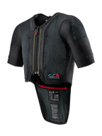 Alpinestars Tech-Air 7X System, motorcykelskyddsväst med airbag, svart, med dragkedja fram, ventilerat nätmaterial med prickig textur, korta ärmar, förlängt ryggskydd, röd invändig detalj och Tech-Air 7X-logotyp på bröstet, designad för roadracing och banprestanda