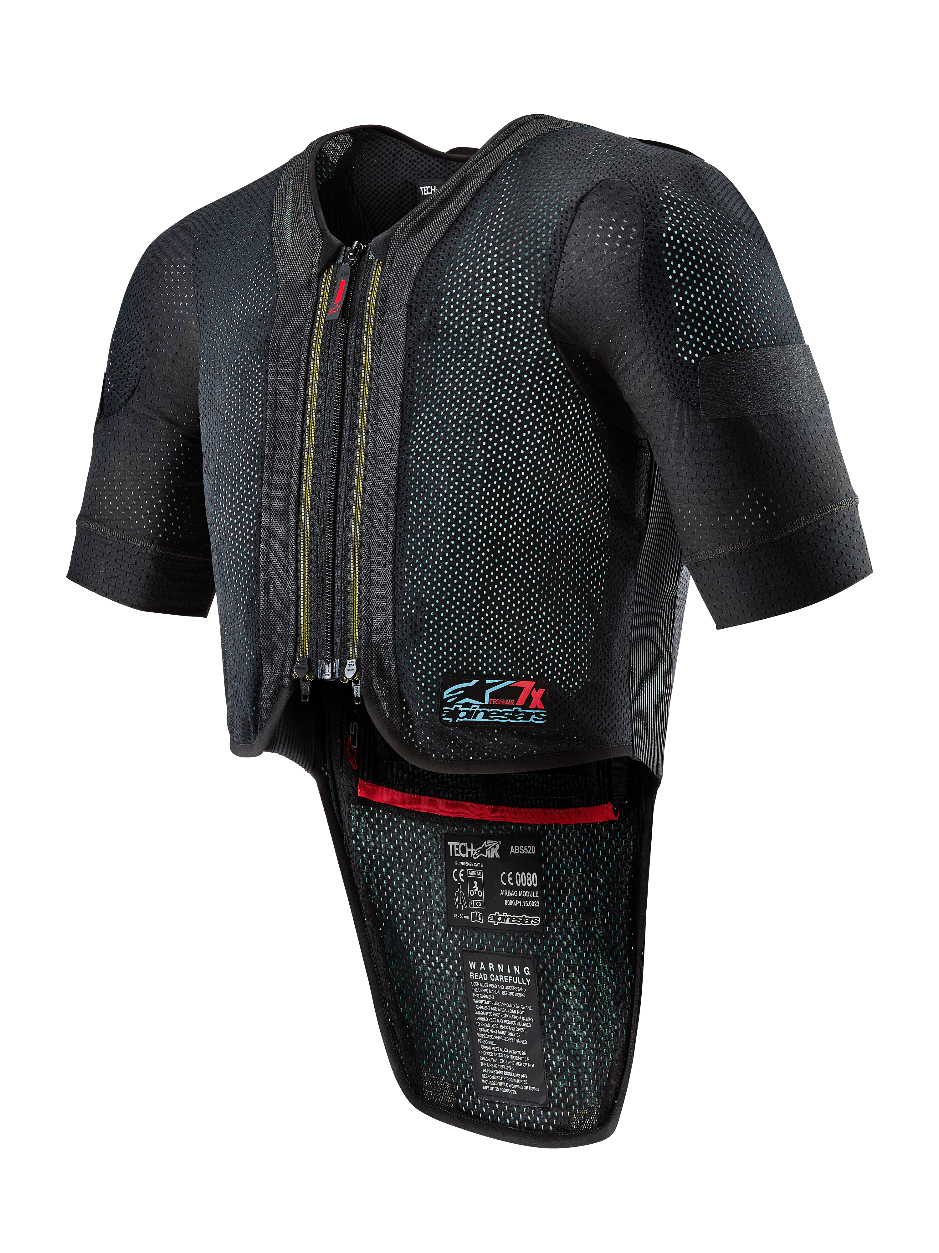 Alpinestars Tech-Air 7X System, motorcykelskyddsväst med airbag, svart, med dragkedja fram, ventilerat nätmaterial med prickig textur, korta ärmar, förlängt ryggskydd, röd invändig detalj och Tech-Air 7X-logotyp på bröstet, designad för roadracing och banprestanda