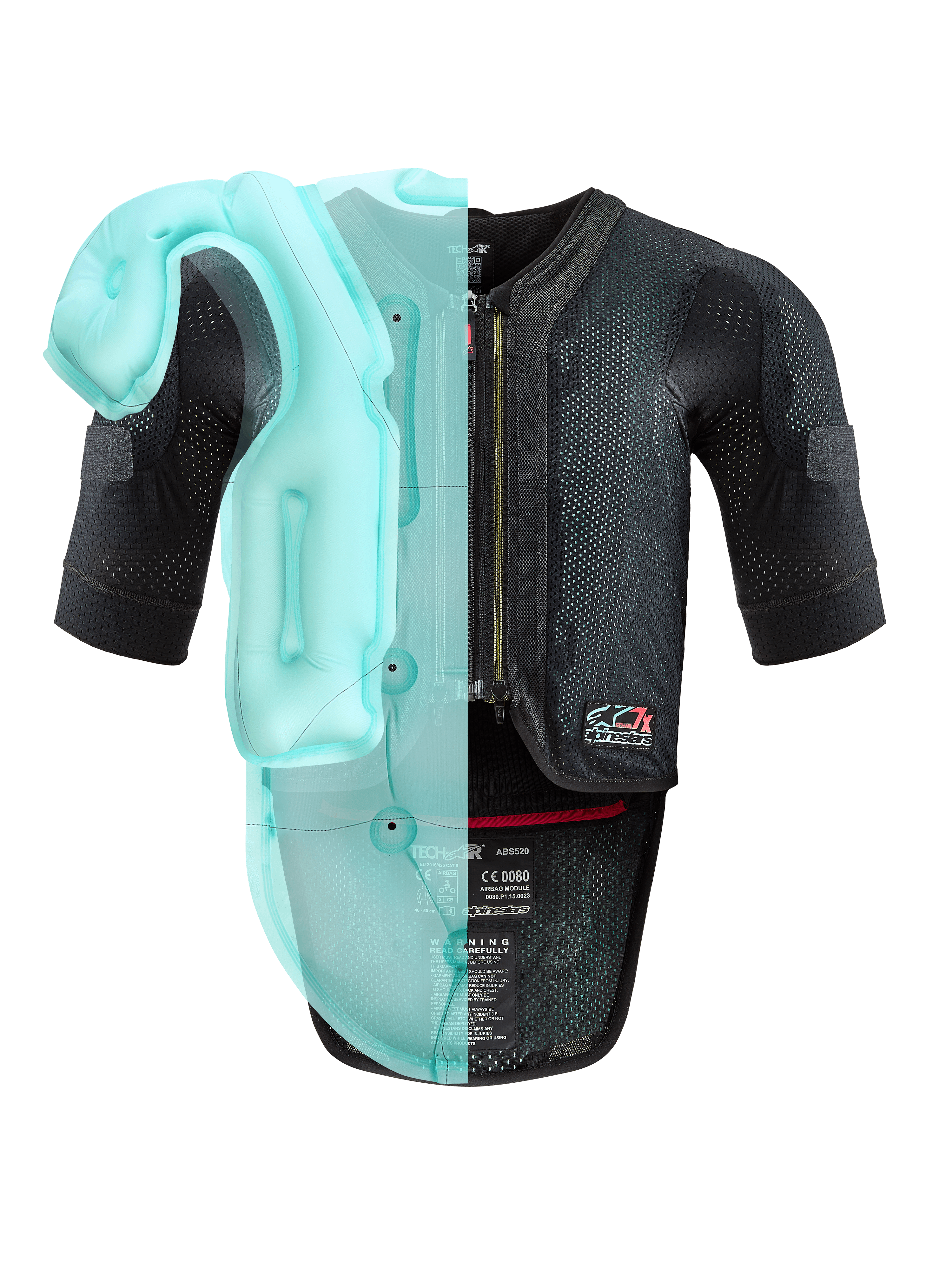 Alpinestars Tech-Air® 7X System, autonom airbagväst för motorcykel, svart mesh-chassi med en ljusblå genomskinlig visualisering av den interna airbag-blåsan, teknisk skyddsutrustning med korta ärmar och integrerat ryggskydd