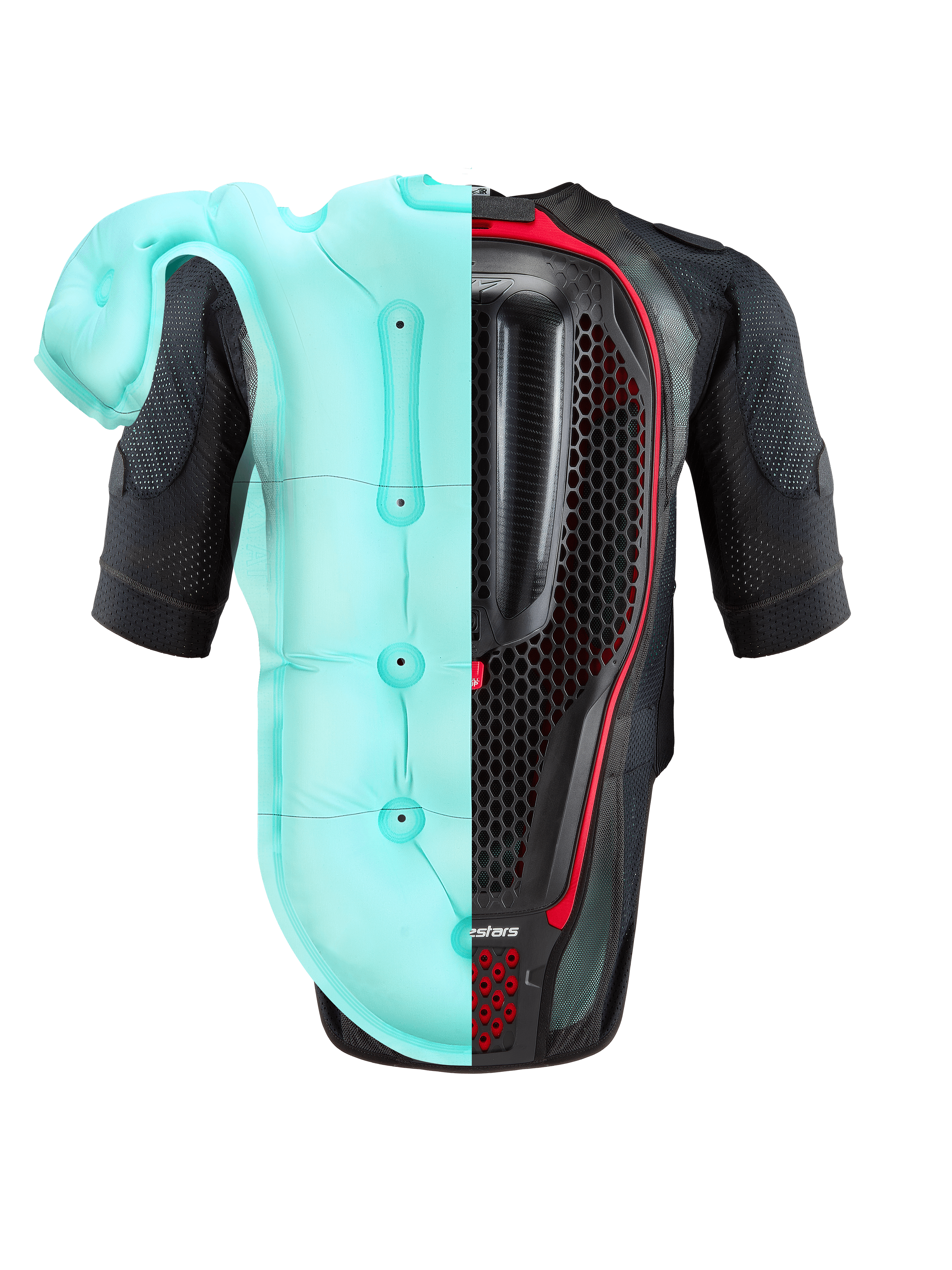 Alpinestars Tech-Air® 7X-system, airbag-väst för motorcykel, svart och röd, vy bakifrån med en delad bild av den ljusblå uppblåsta airbag-blåsan och det interna bikakeformade ryggskyddet, högpresterande skydd för bana och gata