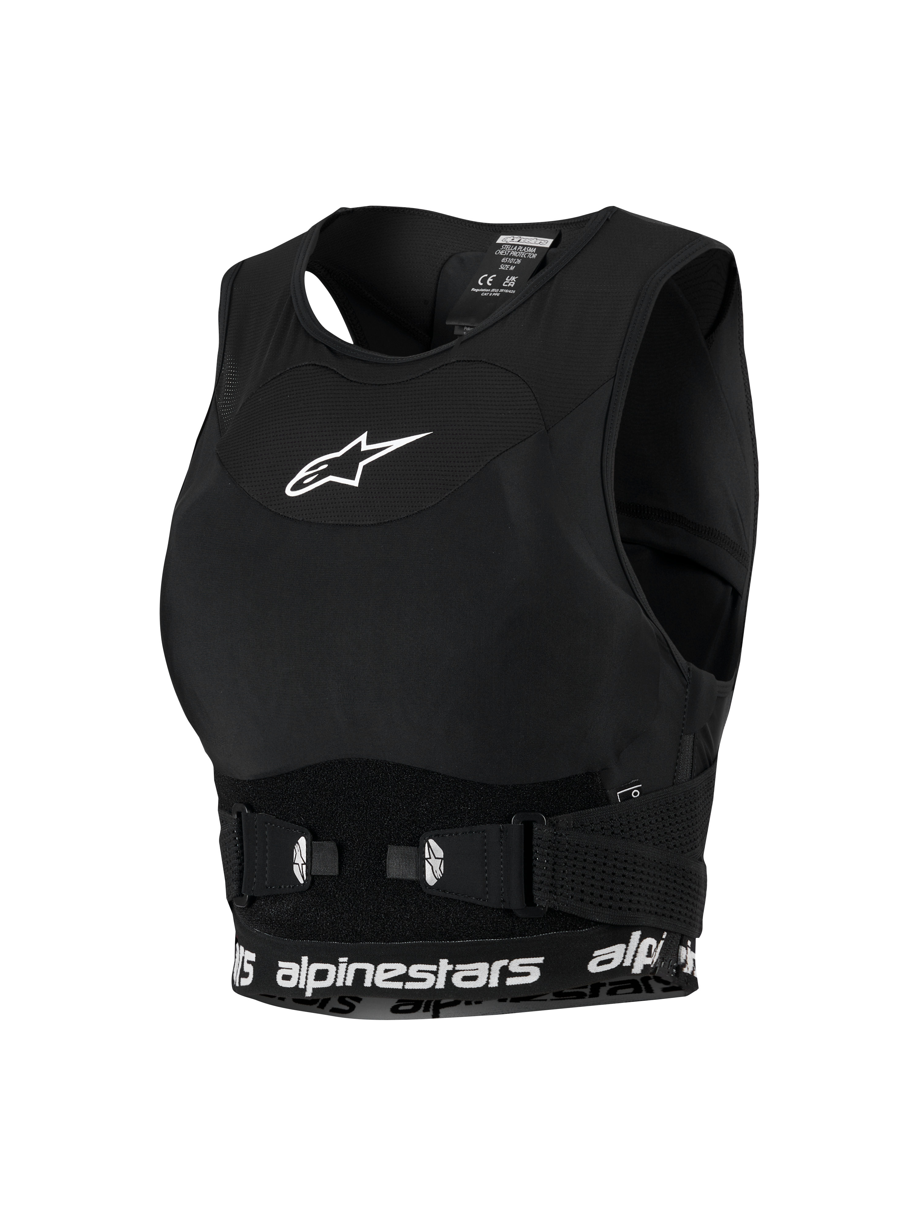 Alpinestars Stella Plasma bröstskydd för damer, motocrossutrustning, svart med vita detaljer, nätkonstruktion i sport-bh-stil, med vit stjärnlogotyp på bröstet och logotypförsett nedre band, justerbara sidospännen för en säker passform