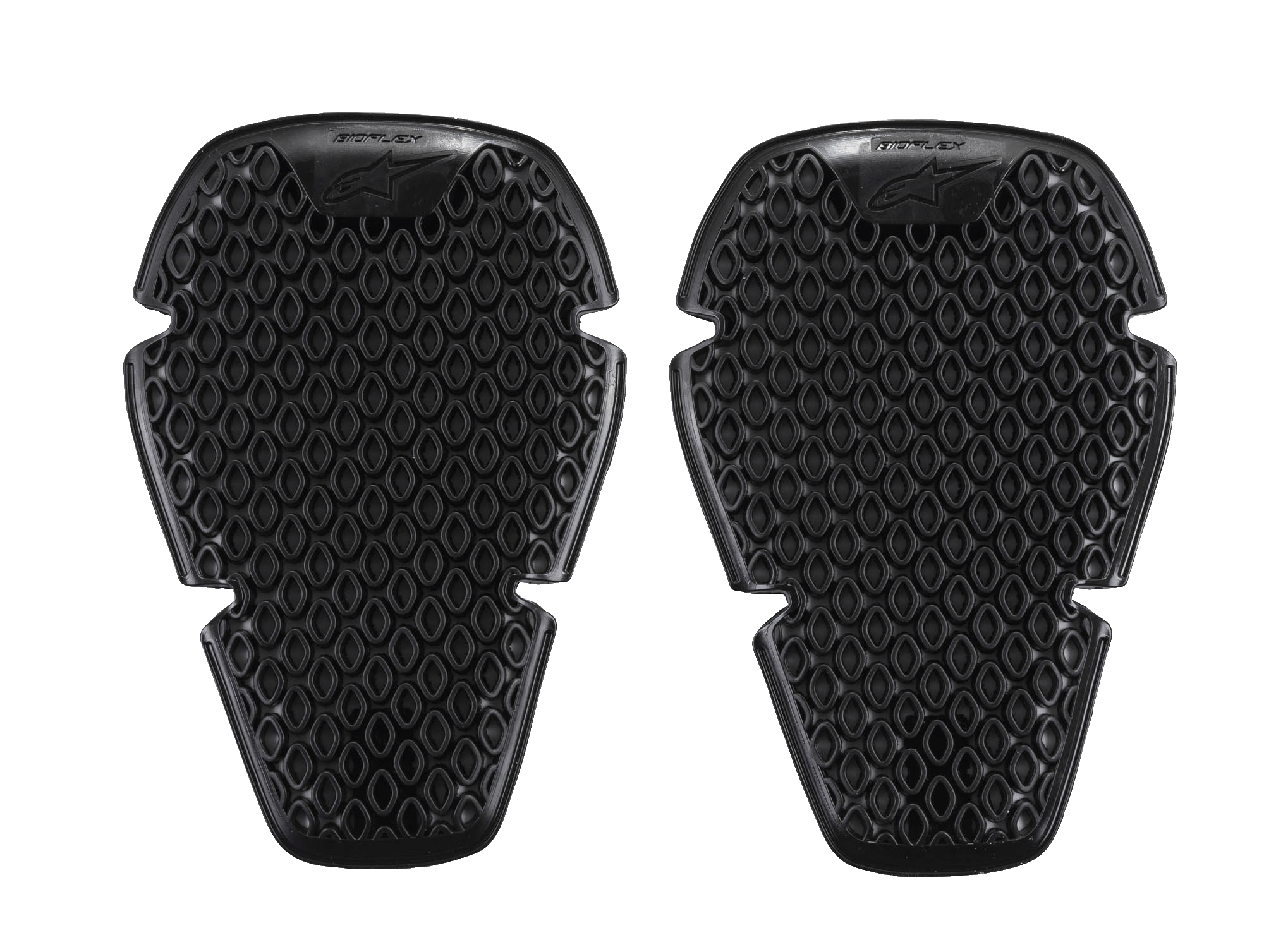 Alpinestars Bioflex Knee Protection, Knee Protectors, Black, pair of slim protective inserts featuring a bridged cell structure with diamond-shaped ventilation, lightweight ergonomic design for impact protection, Alpinestars logo and Bioflex branding at the top