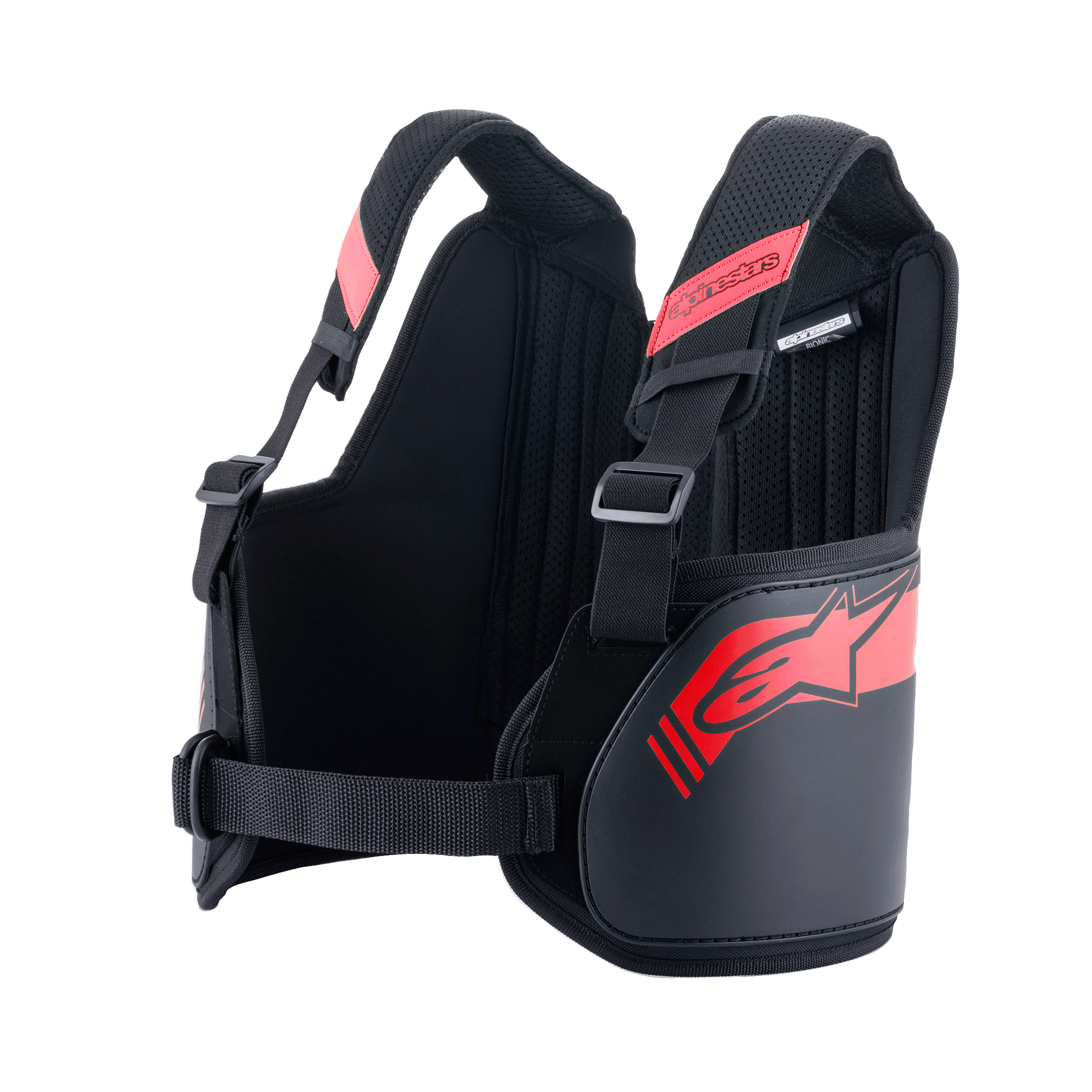 Alpinestars Bionic Rib Support, revbensskydd för karting, svart och röd, med justerbara axelremmar med spännen, ergonomisk konturerad design med röd logotyp, andningsbart meshtyg för motorsportskydd