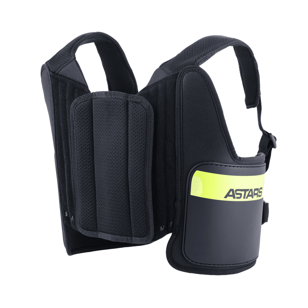 Alpinestars Bionic Rib Support, revbensskydd för karting, svart och neongul, med ASTARS-logotyp, justerbara remmar i mesh och flerskiktad vadderad konstruktion för en ergonomisk passform.