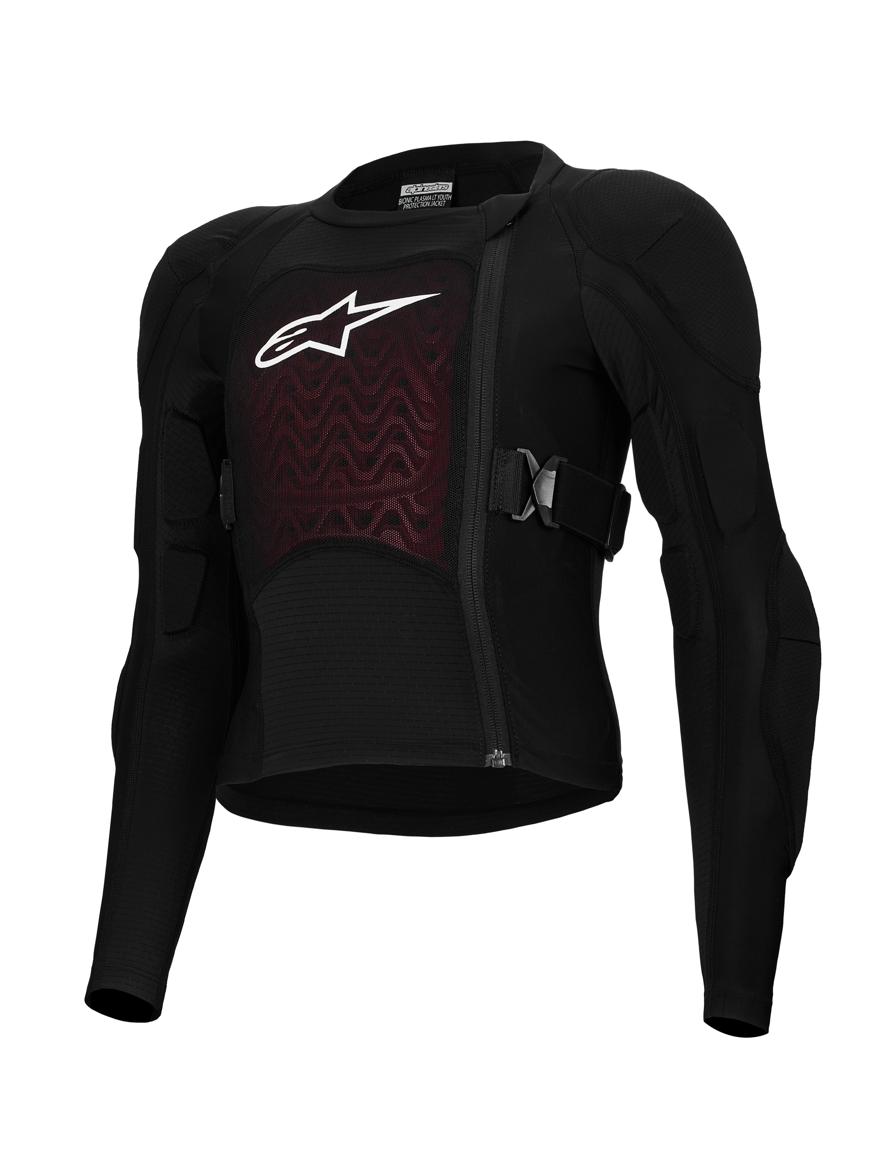 Alpinestars Bionic Plasma LT Youth Protection Jacket, Black and Red, Motorcycle Protective Gear, featuring padded shoulders and elbows, offset front zipper, adjustable side straps, and textured chest panel with white logo