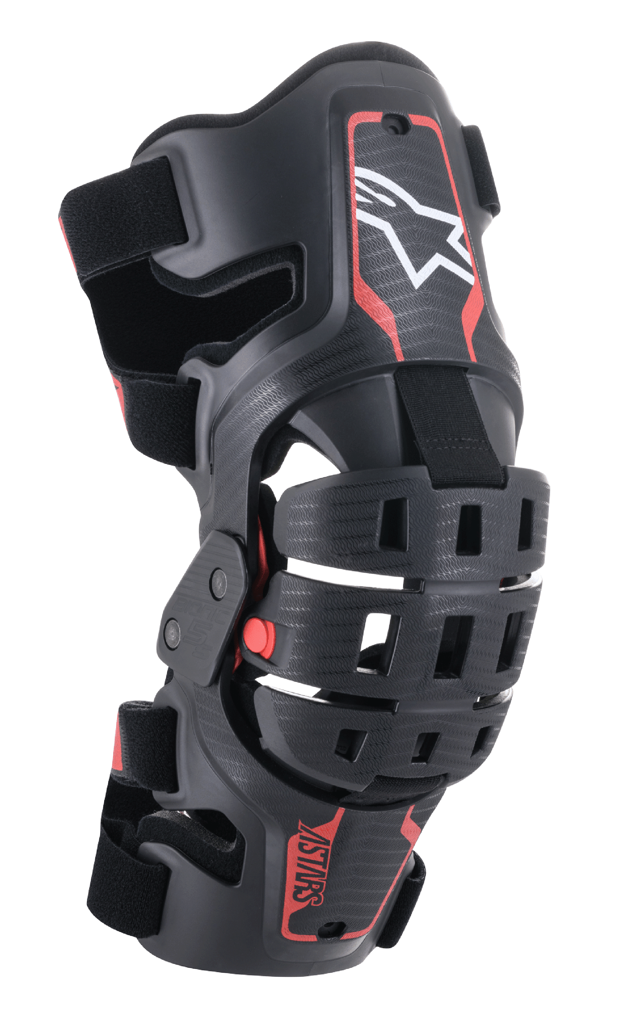 Alpinestars Youth Bionic 5S Knee Brace, motocross-knäskydd, svart och röd, med en vit stjärnlogotyp, ledat fyrpunktsgångjärnssystem, robust kompositram med justerbara remmar, designad för terrängkörning för ungdomar