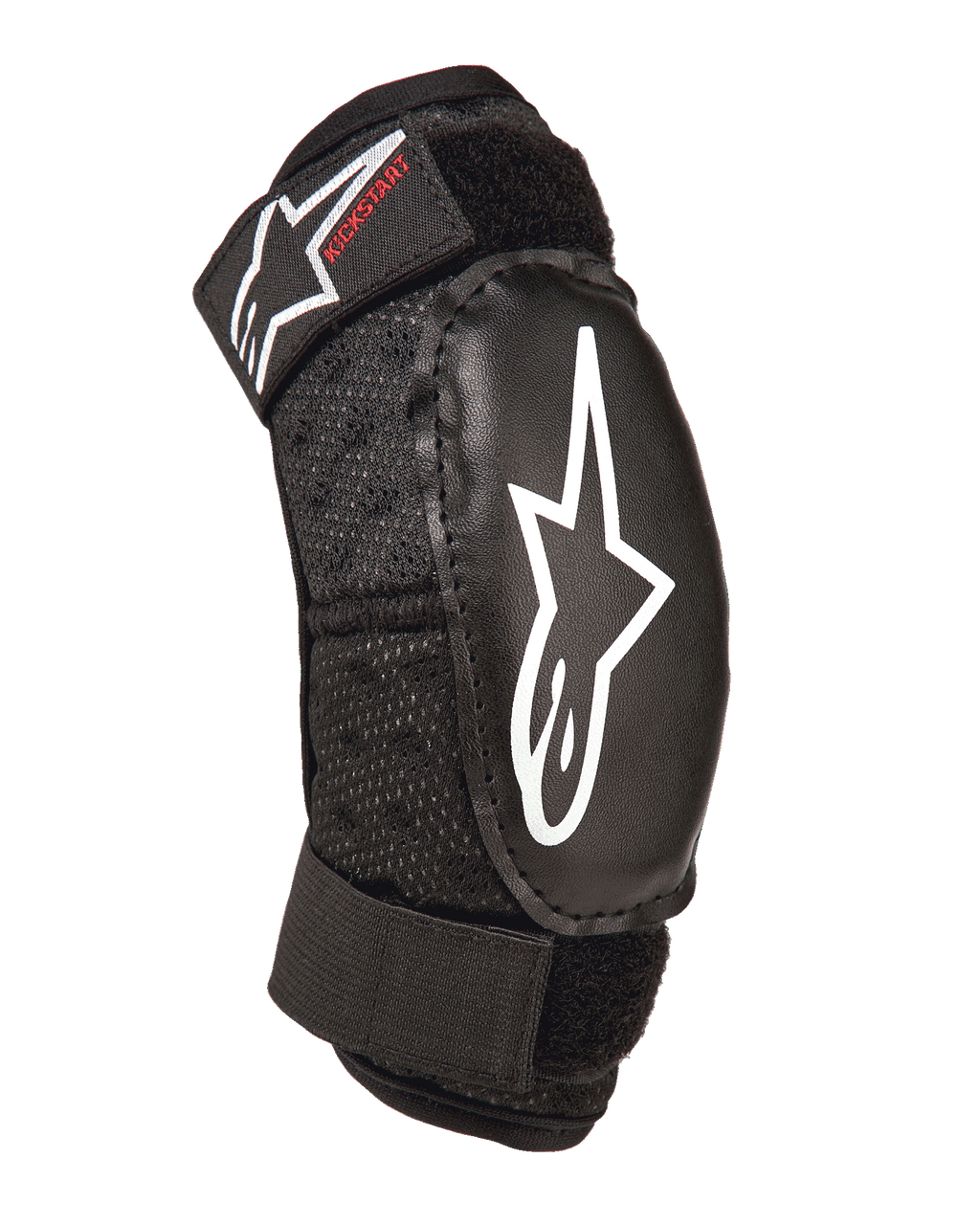 Alpinestars Youth Bionic Action Kickstart armbågsskydd, svart, skyddande armbågsskydd för ungdom med vit stjärnlogotyp och röd Kickstart-logotyp, dubbla justerbara remmar med kardborreband, ventilerande mesh-tyg, ergonomisk design för motocross och actionsporter