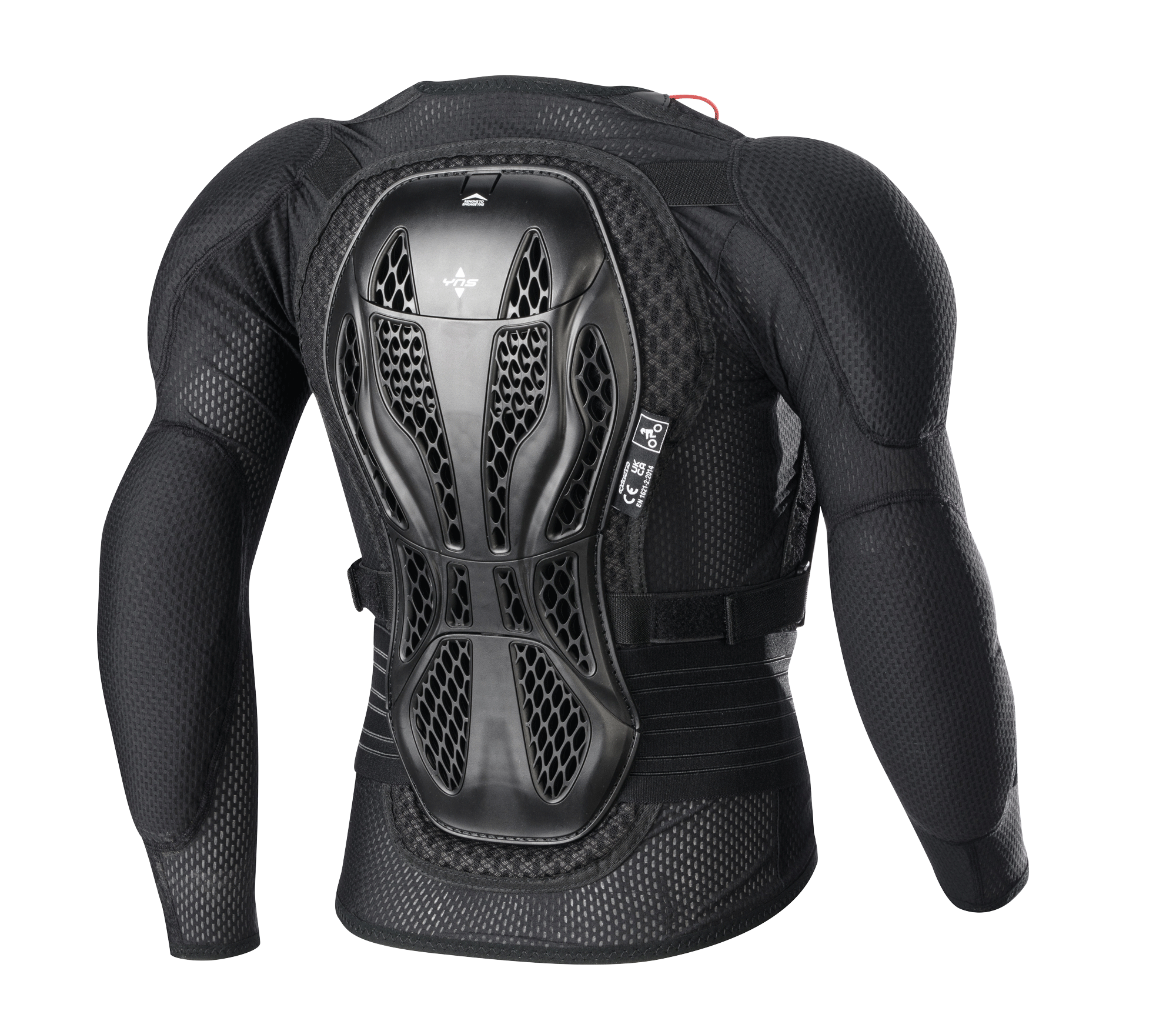 Alpinestars Youth Bionic Action V2 Protection Jacket, Black, Rear view, featuring a triple-segment Cell Technology back protector, highly ventilated mesh fabric, integrated shoulder and elbow protection, protective gear for youth off-road riding.
