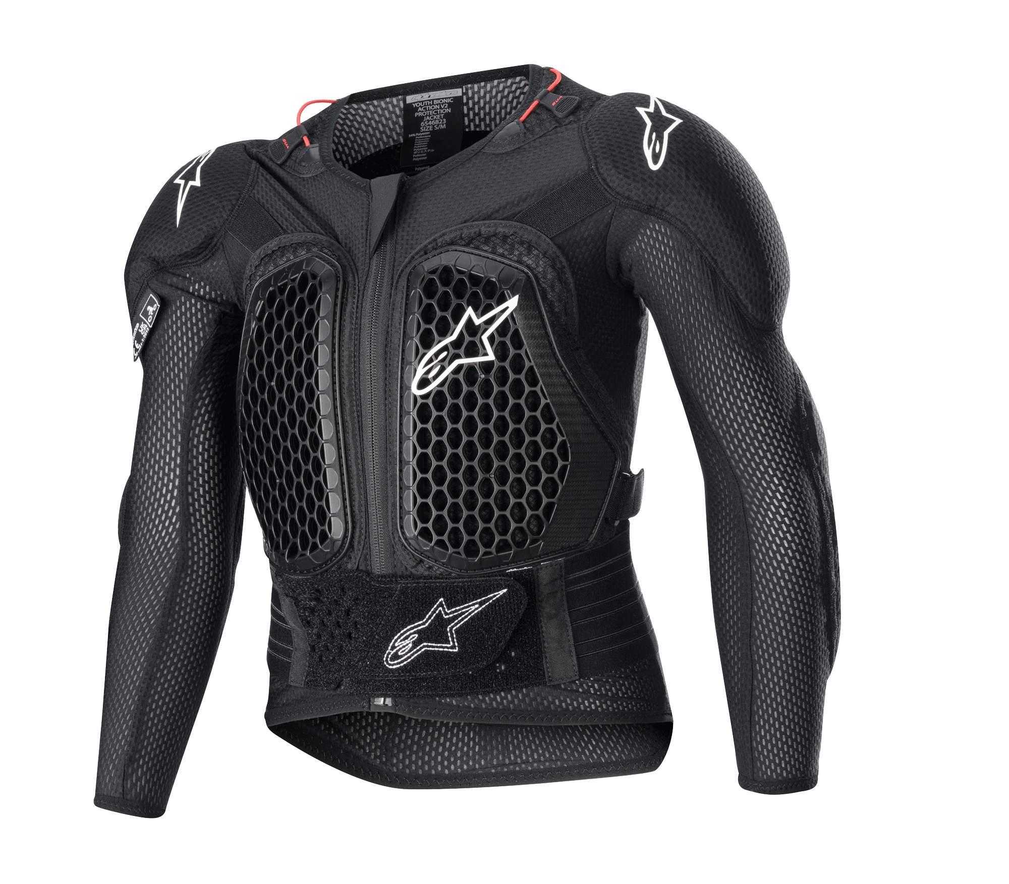 Alpinestars Youth Bionic Action V2 Protection Jacket, Motocross Body Armor, Black with white logos and red accents, honeycomb ventilation pattern on chest and shoulders, adjustable waist strap, durable impact protection for young riders