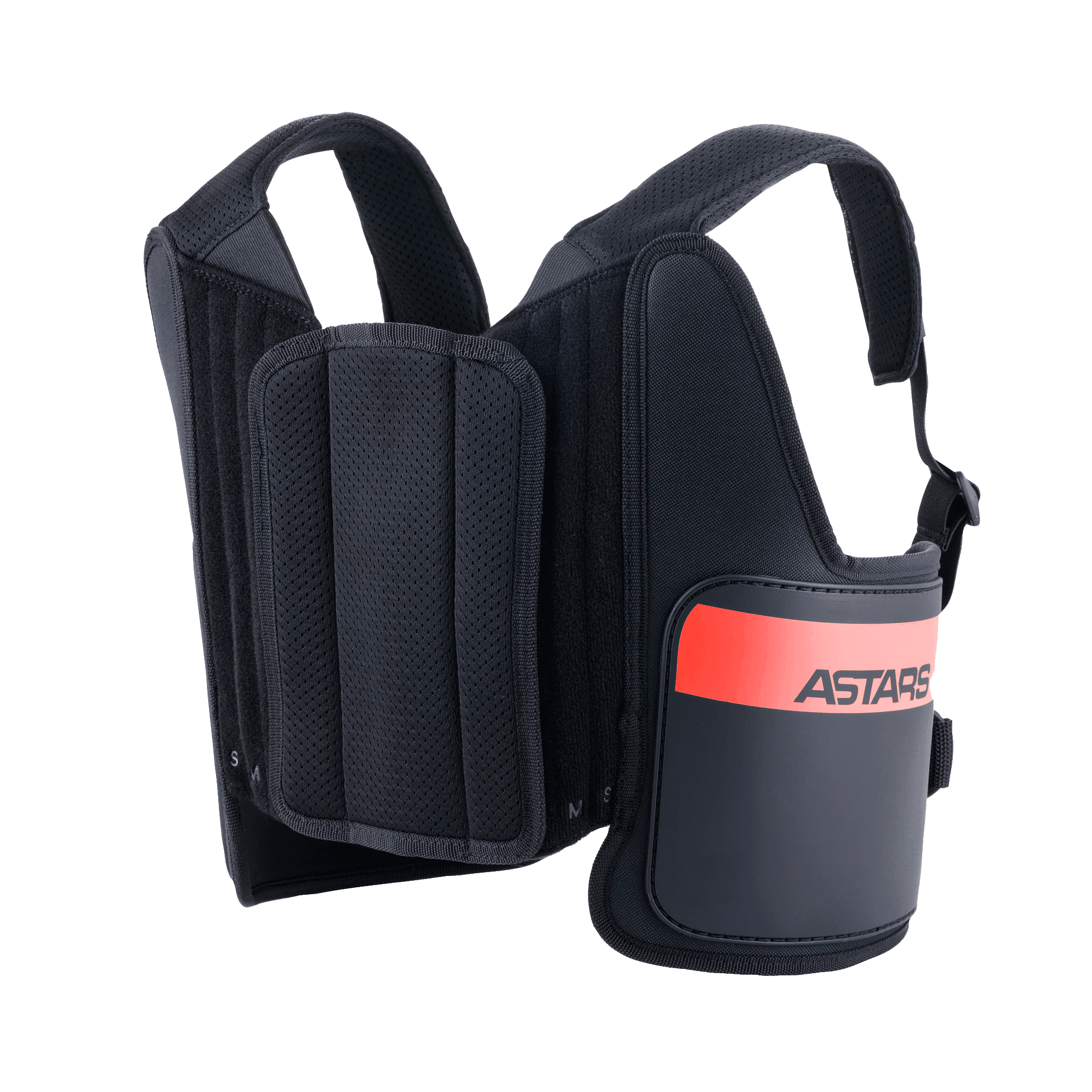 Alpinestars Youth Bionic Rib Support, revbensskydd för karting, svart med röda detaljer, med justerbara axelremmar i mesh, vadderad mittpanel och hårda sidoskydd med ASTARS-logotyp, lätt ergonomisk skyddsutrustning för unga förare.
