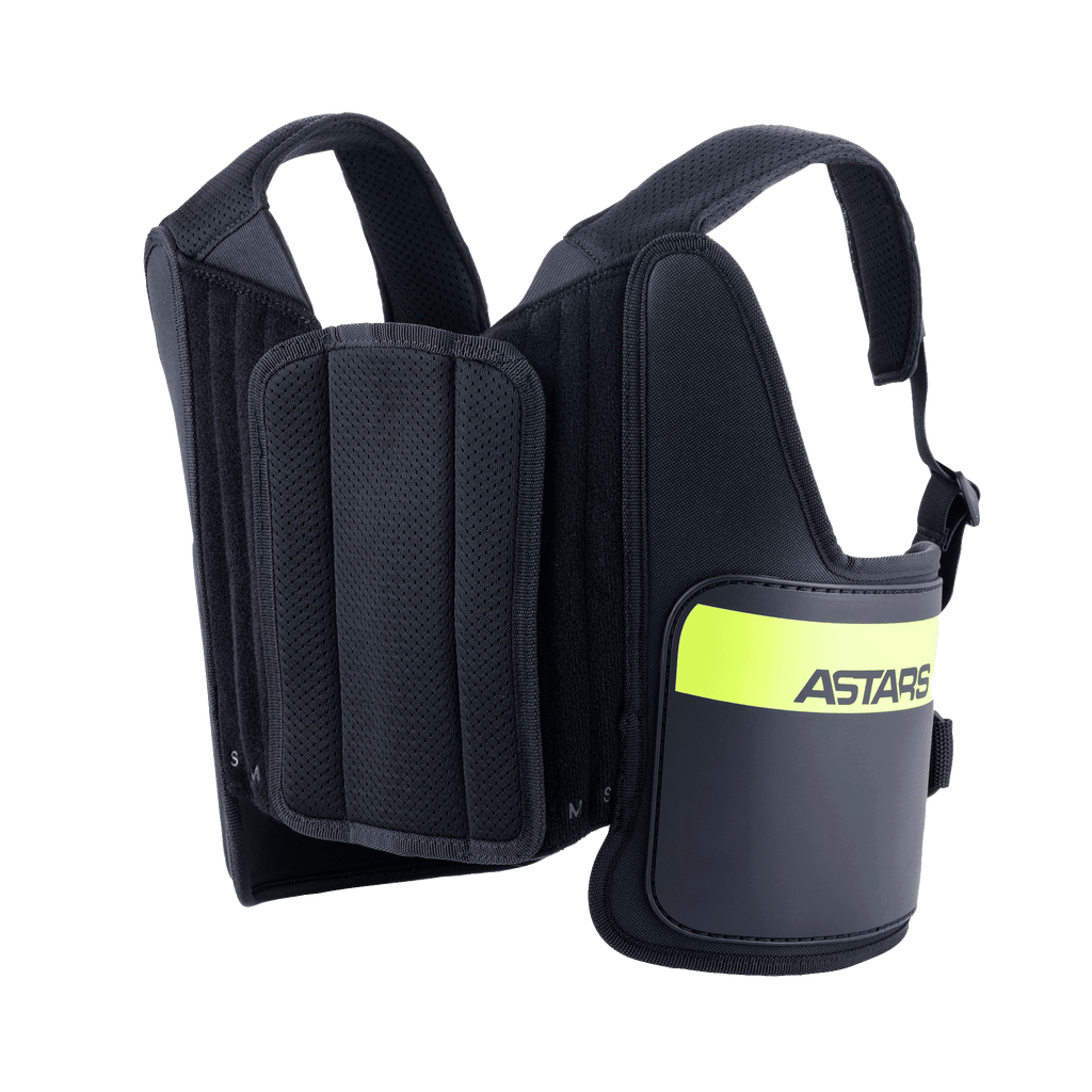 Alpinestars Youth Bionic Rib Support, revbensskydd för karting, svart och fluorescerande gul, med justerbara axelremmar i mesh, vadderade sidopaneler med ett gult fluorescerande band och ASTARS-logotyp, ergonomisk design för skydd vid kartracing