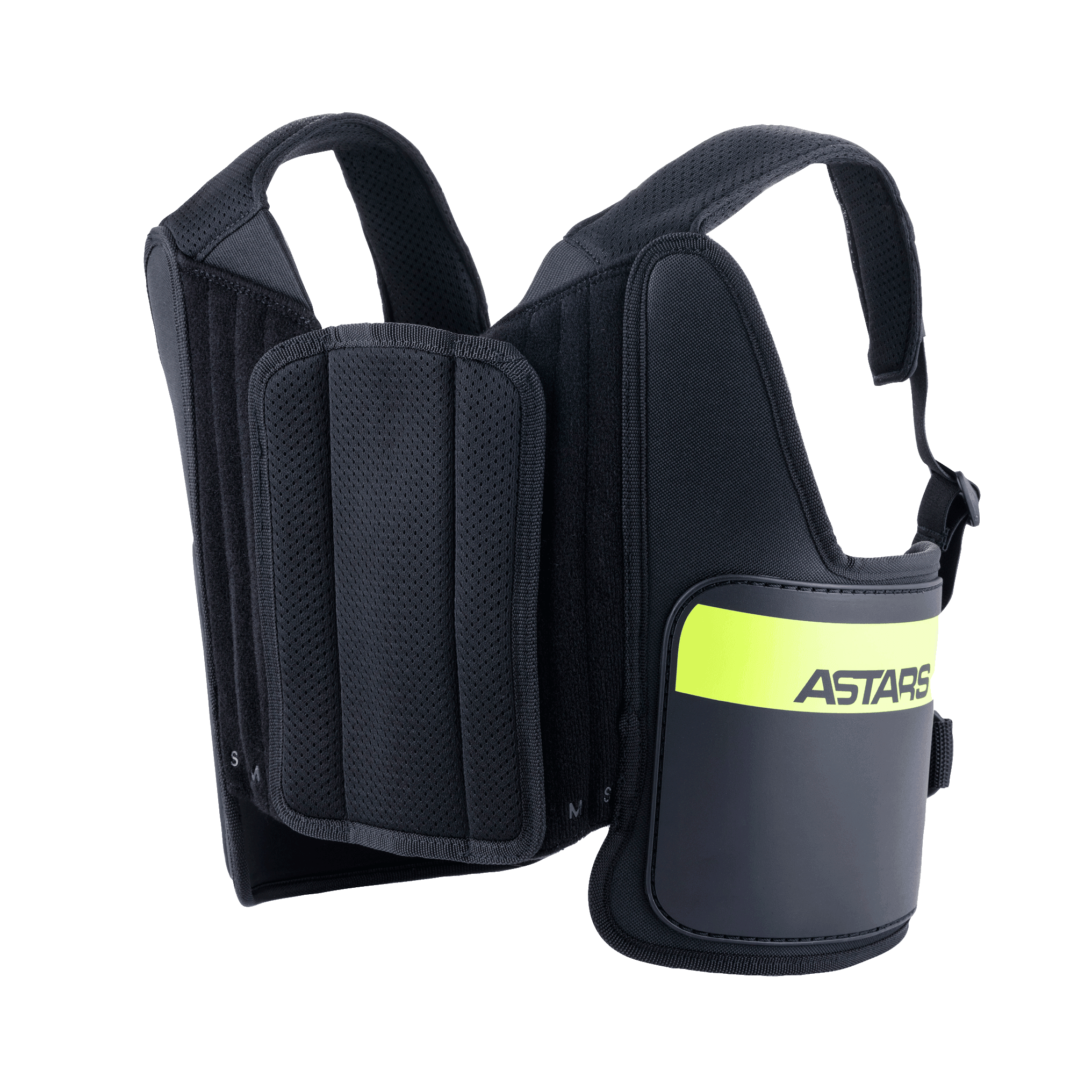 Alpinestars Youth Bionic Rib Support, revbensskydd för karting, svart och fluorescerande gul, med justerbara axelremmar i mesh, vadderade sidopaneler med ett gult fluorescerande band och ASTARS-logotyp, ergonomisk design för skydd vid kartracing