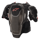 Alpinestars A-6 bröstskydd, motocross-kroppsskydd, svart, antracitgrå och röd, med perforerade plattor med Cell-teknik, röd Alpinestars-logotyp på bröstet, justerbara remmar och avtagbara axelskydd, skyddsutrustning för terrängkörning