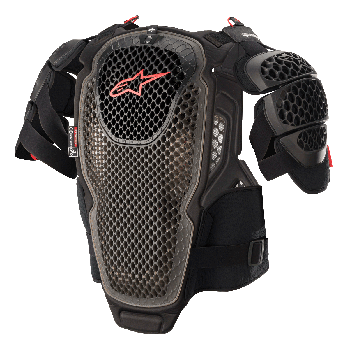 Alpinestars A-6 bröstskydd, motocross-kroppsskydd, svart, antracitgrå och röd, med perforerade plattor med Cell-teknik, röd Alpinestars-logotyp på bröstet, justerbara remmar och avtagbara axelskydd, skyddsutrustning för terrängkörning