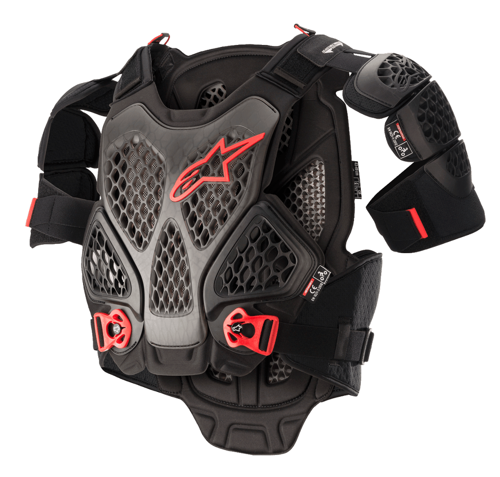 Alpinestars A-6 bröstskydd, motocrosskydd, svart, antracitgrå och röd, med Cell-teknikplattor i bikakemönster, röd Alpinestars-logotyp, justerbara röda snabbspännen och avtagbara axelskydd