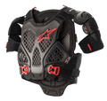 Alpinestars A-6 bröstskydd, motocrosskydd, svart, antracitgrå och röd, med Cell-teknikplattor i bikakemönster, röd Alpinestars-logotyp, justerbara röda snabbspännen och avtagbara axelskydd