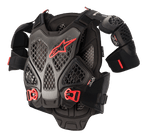 Alpinestars A-6 bröstskydd, motocrosskydd, svart, antracitgrå och röd, med Cell-teknikplattor i bikakemönster, röd Alpinestars-logotyp, justerbara röda snabbspännen och avtagbara axelskydd
